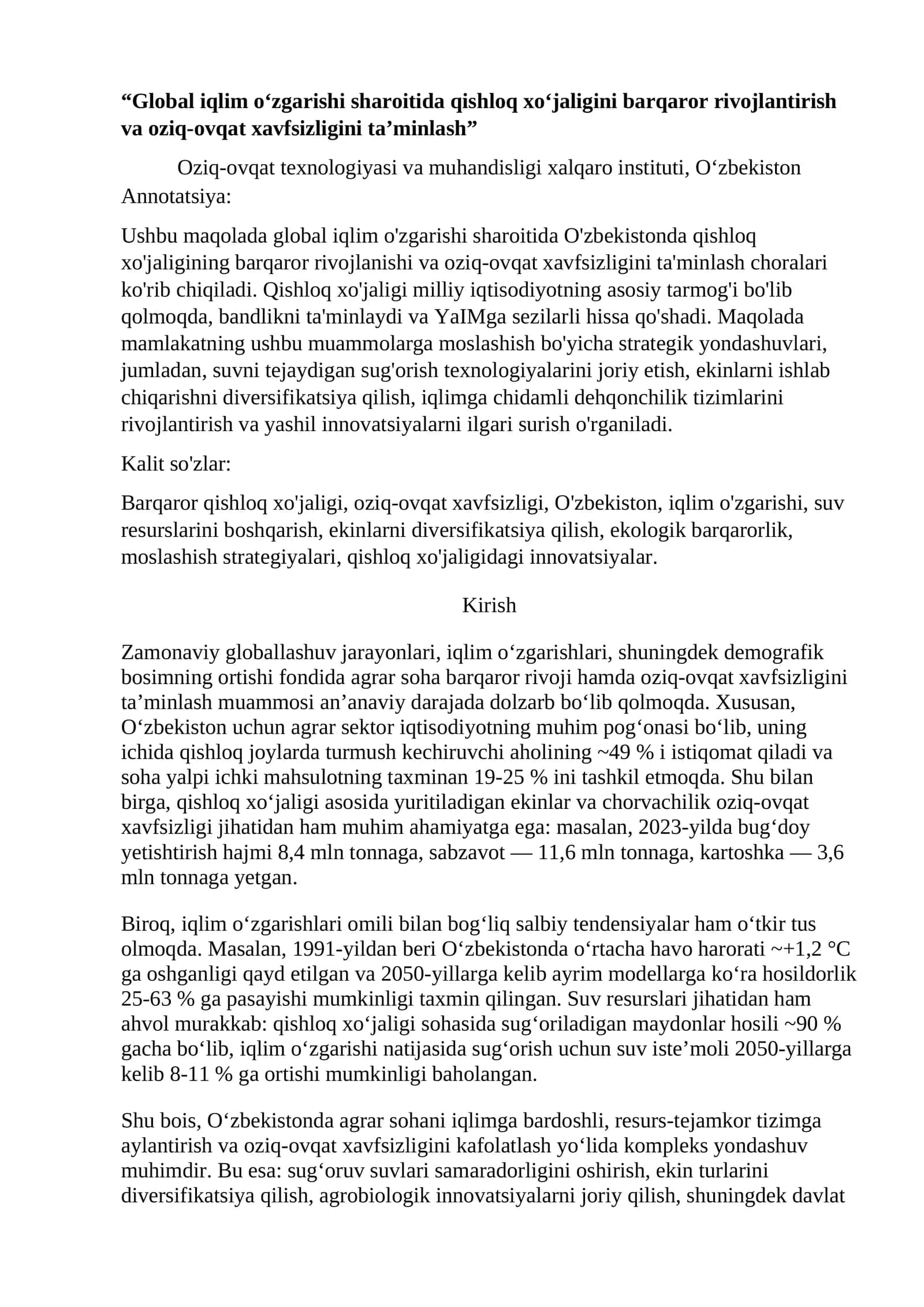 Global iqlim o‘zgarishi sharoitida qishloq xo‘jaligini barqaror rivojlantirish va oziq-ovqat xavfsizligini ta’minlash