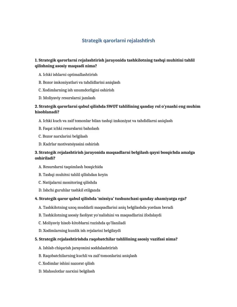Strategik qarorlarni rejalashtirish TEST