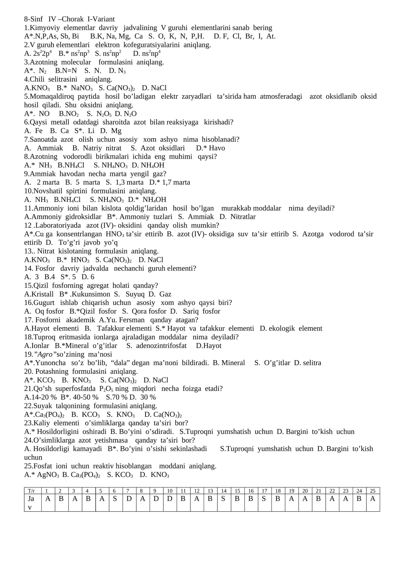 8-Sinf IV –Chorak I-Variant