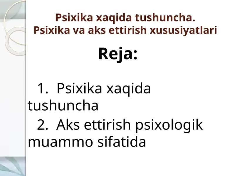 Psixika xaqida tushuncha.Psixika va aks ettirish xususiyatlari
