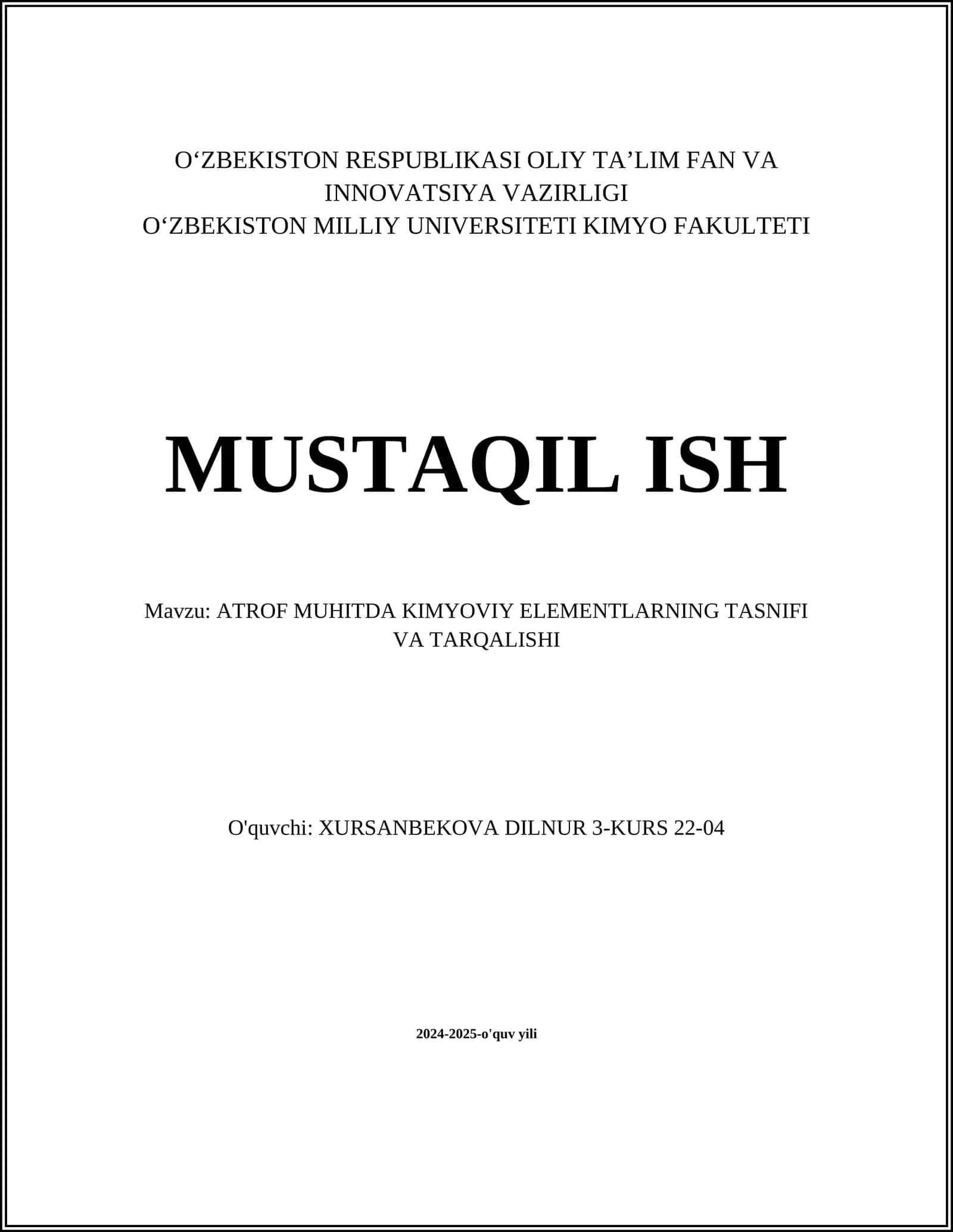 ATROF MUHITDA KIMYOVIY ELEMENTLARNING TASNIFI VA TARQALISHI