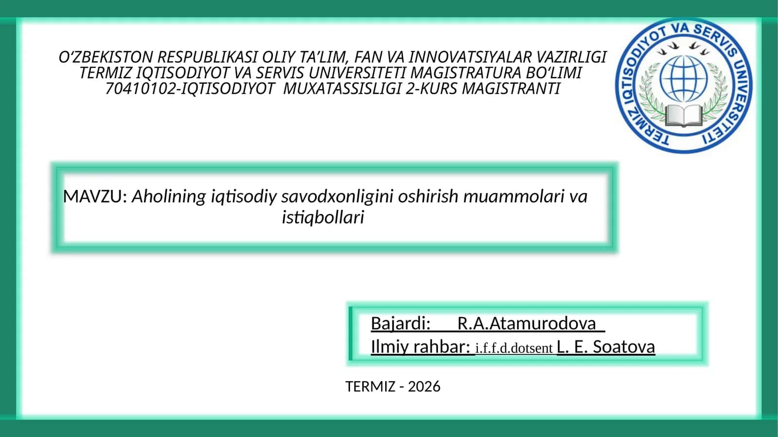 IQTISODIY SAVODXONLIGINING OSHIRISHI