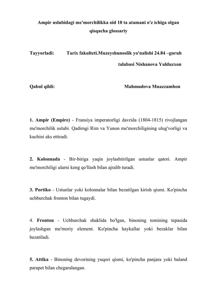 Ampir uslubidagi me'morchilikka oid 10 ta atamani o'z ichiga olgan qisqacha glossariy