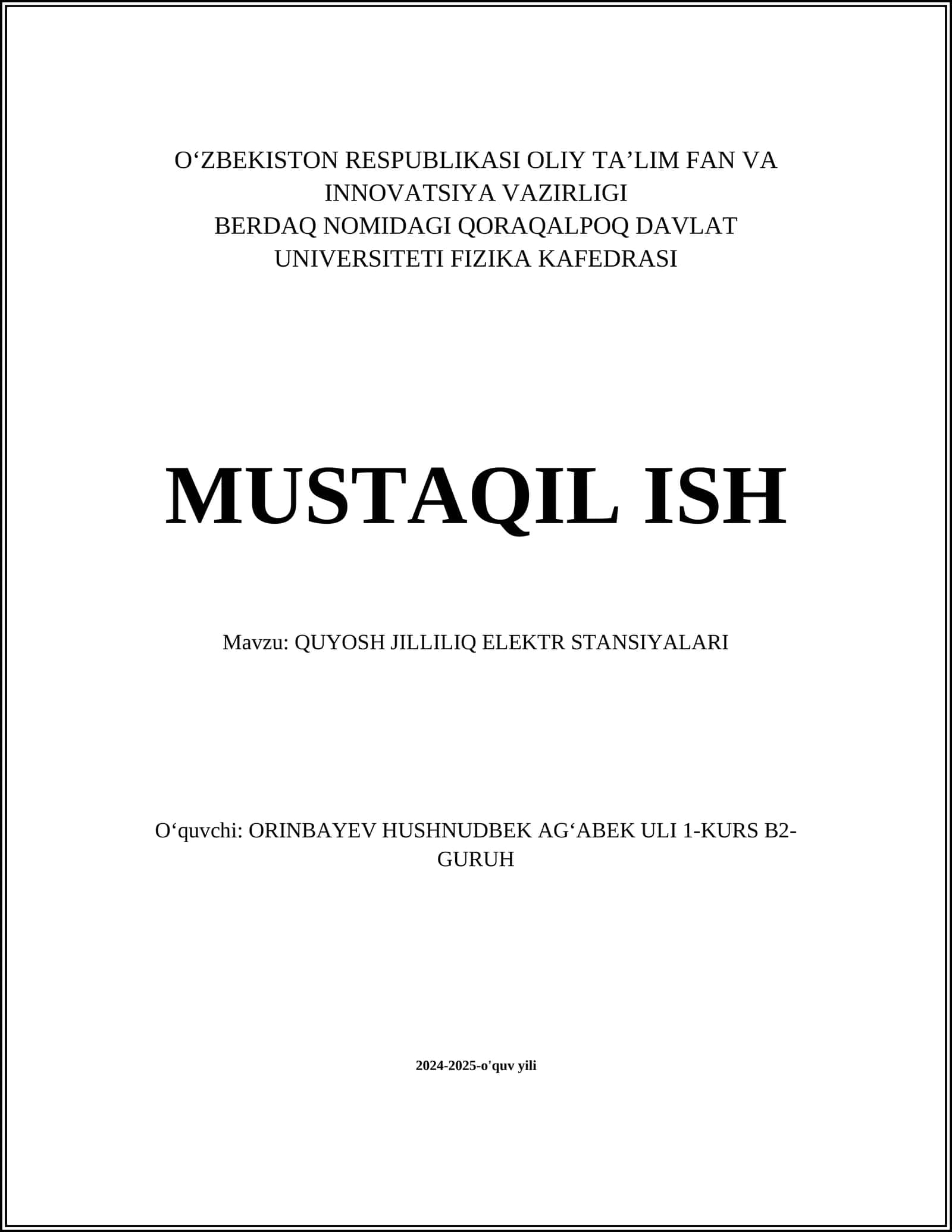 QUYOSH JILLILIQ ELEKTR STANSIYALARI