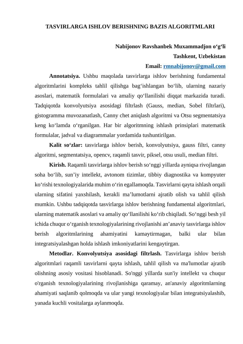 Tasvirlarga ishlov berishning bazis algoritmlari