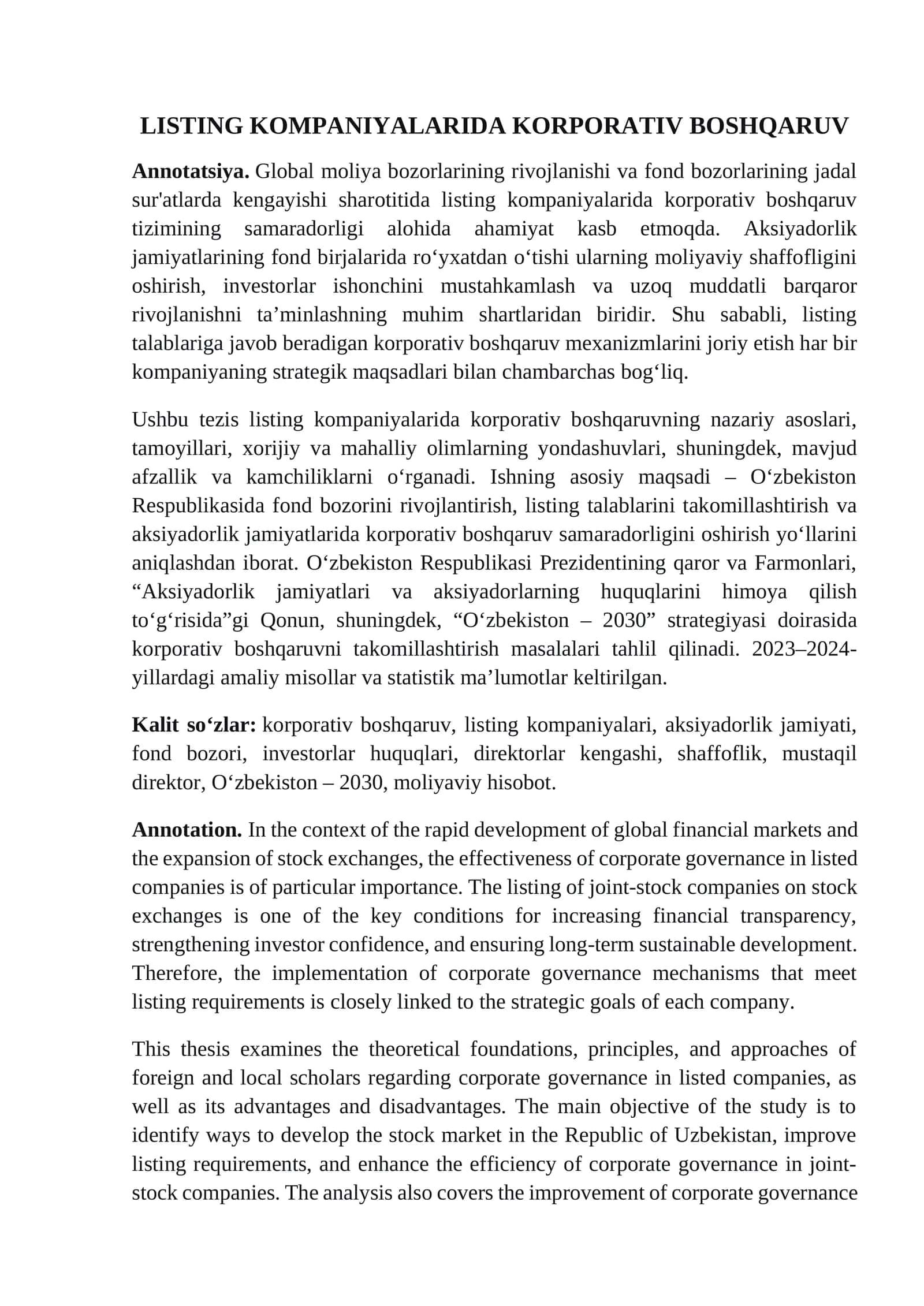 LISTING KOMPANIYALARIDA KORPORATIV BOSHQARUV