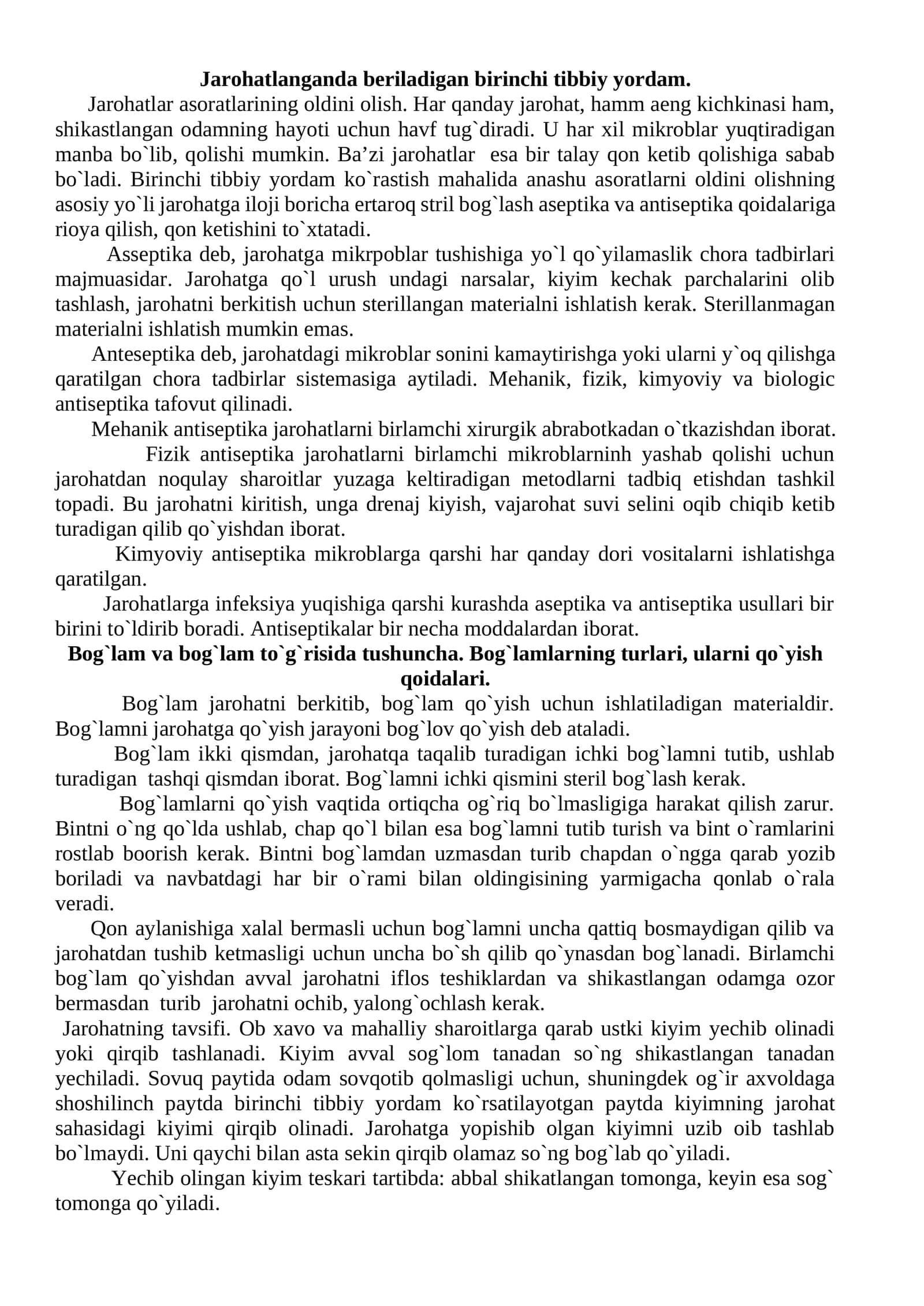 Jarohatlanganda beriladigan birinchi tibbiy yordam