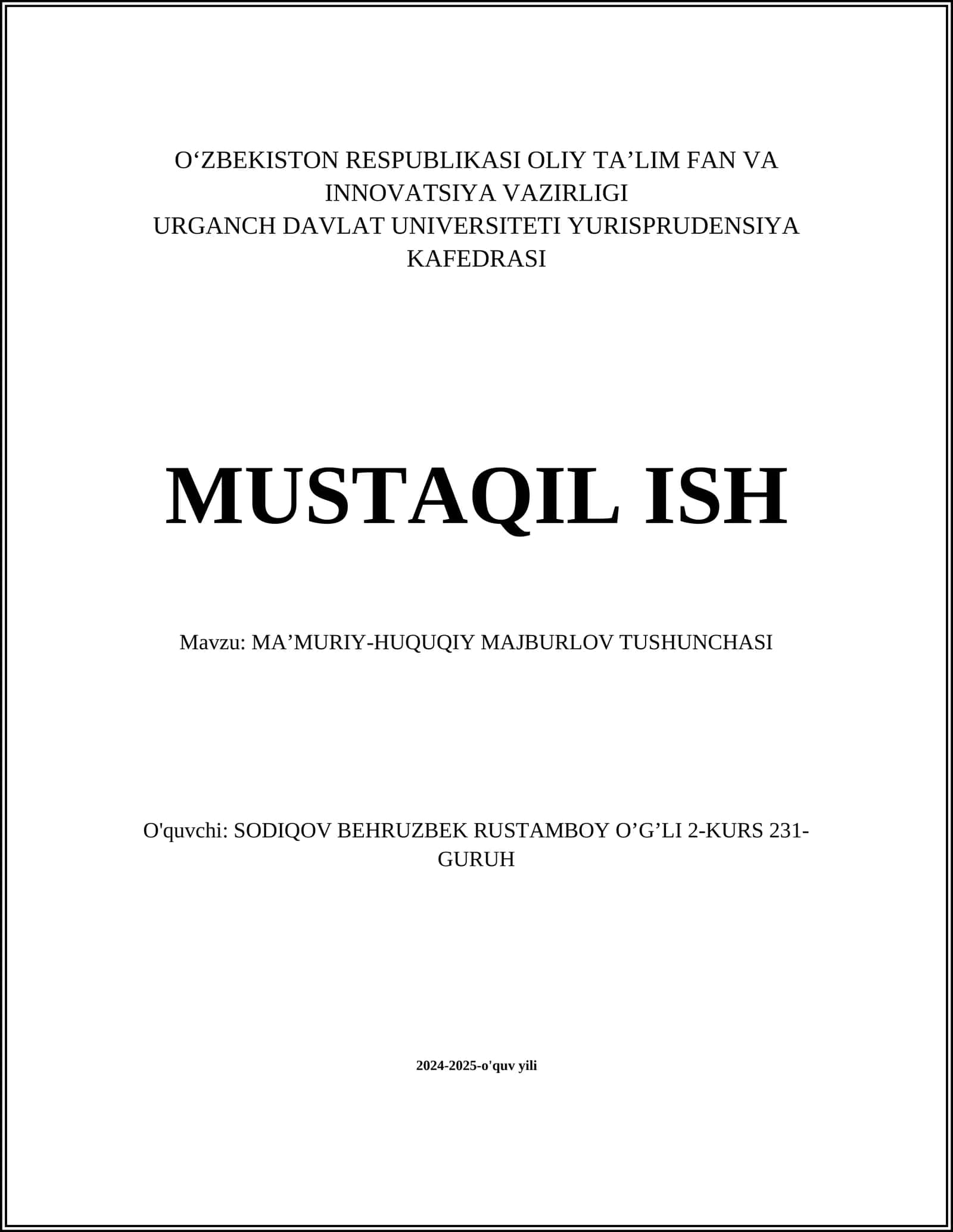 MA’MURIY-HUQUQIY MAJBURLOV TUSHUNCHASI
