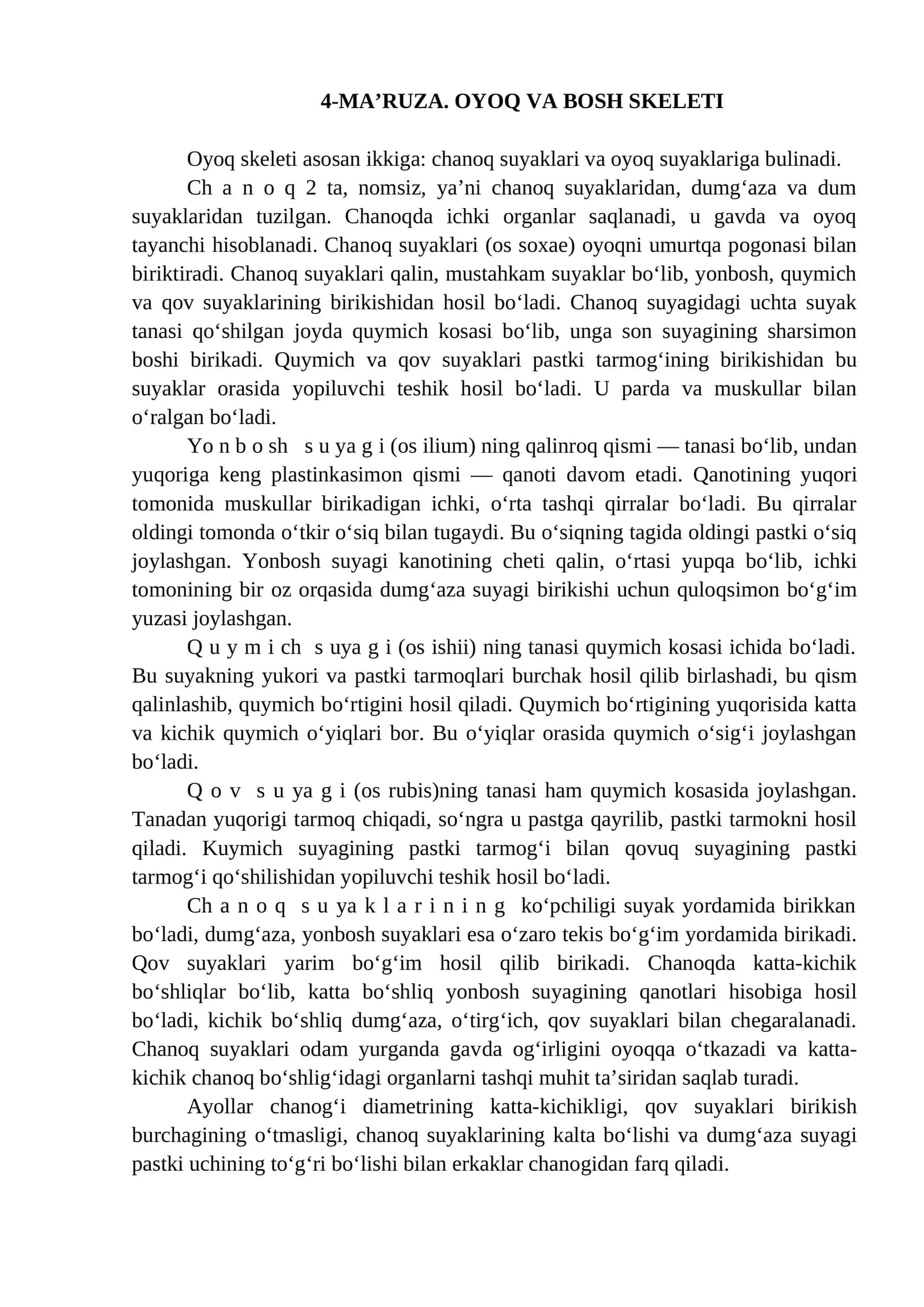 4-MA’RUZA. OYOQ VA BOSH SKELETI