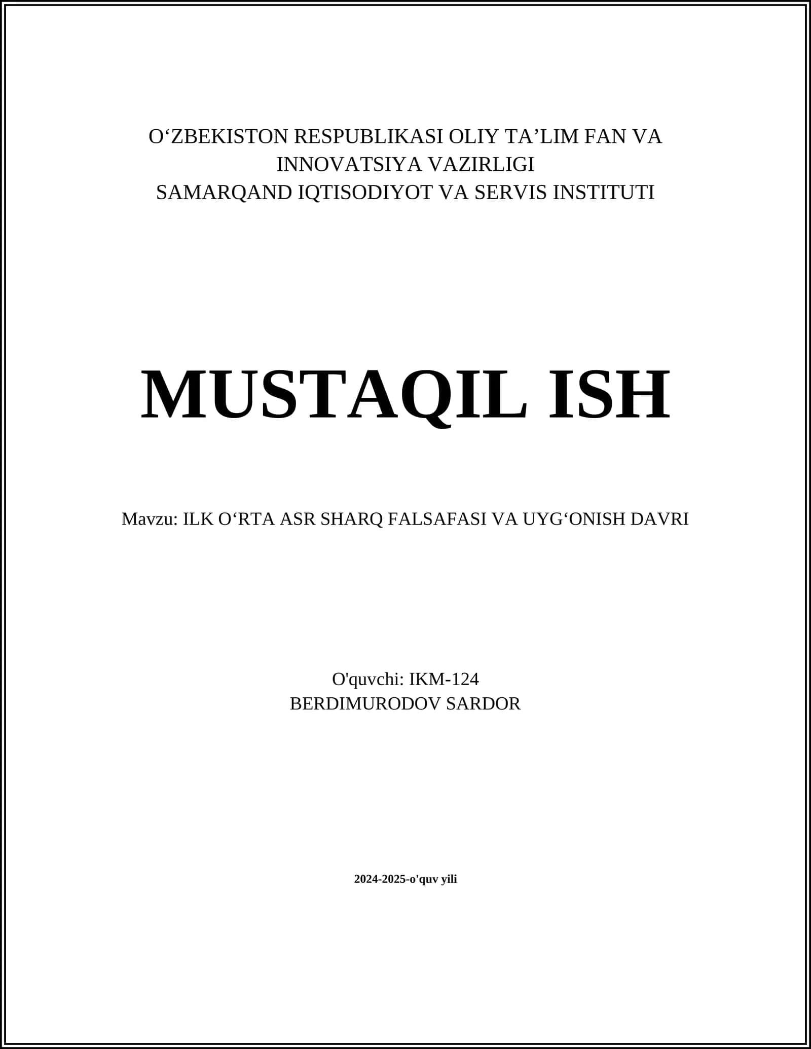 ILK OʻRTA ASR SHARQ FALSAFASI VA UYGʻONISH DAVRI