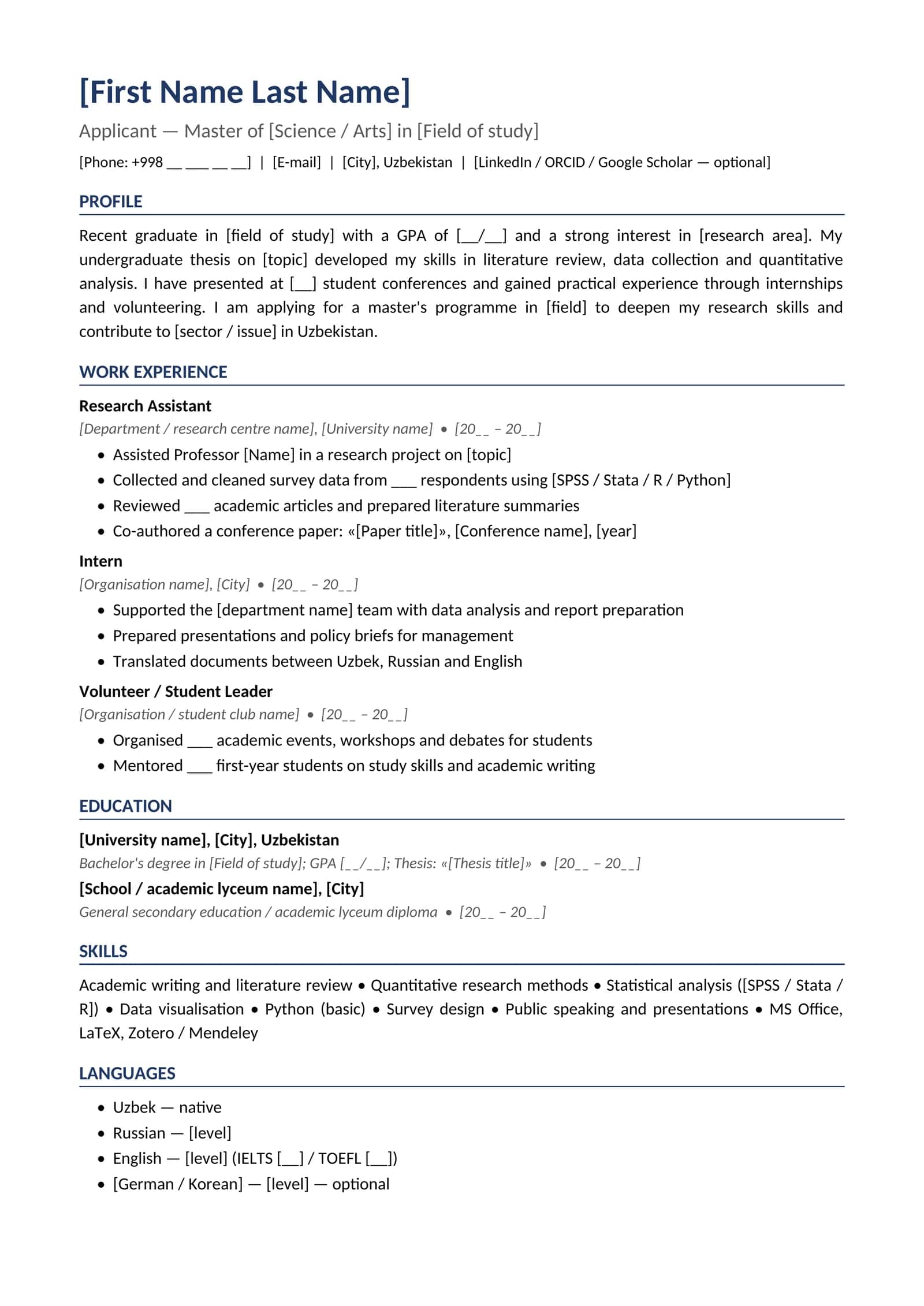 CV 07 English Graduate student academic CV for a masters program