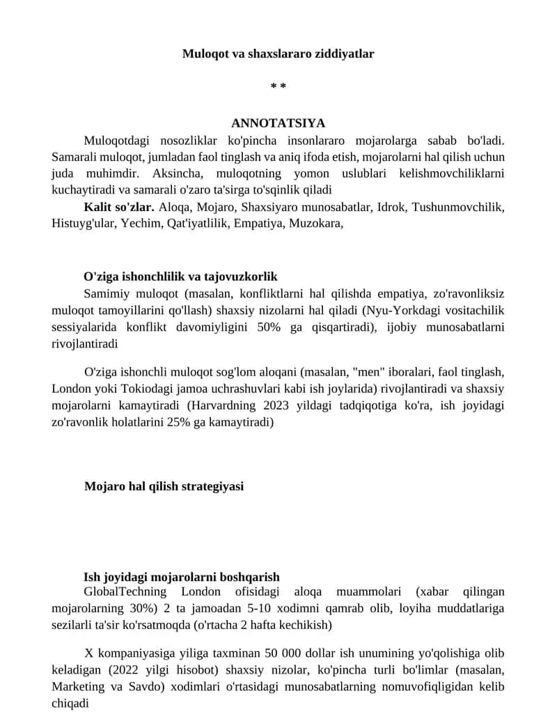 Muloqot va shaxslararo ziddiyatlar