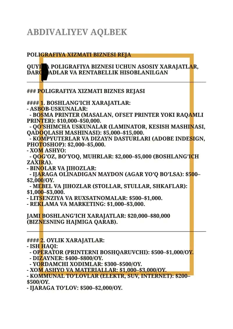 Poligrafiya Xizmati Biznes Rejasi