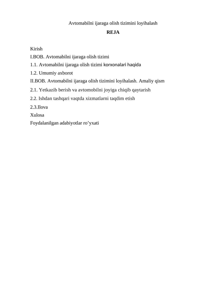 Avtomabilni ijaraga olish tizimini loyihalash