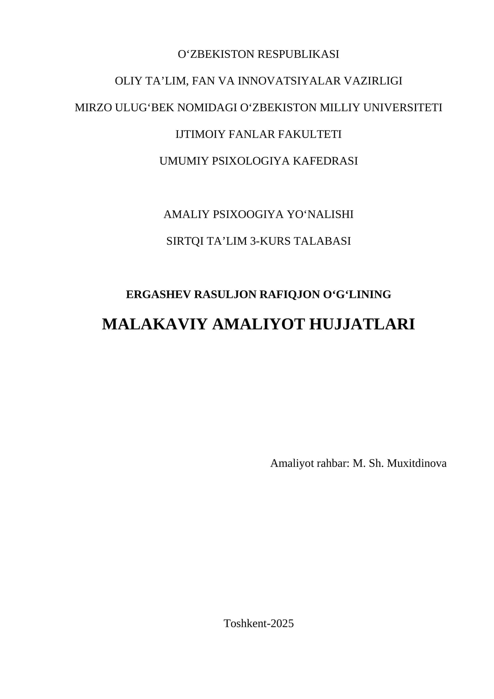MALAKAVIY AMALIYOT HUJJATLARI