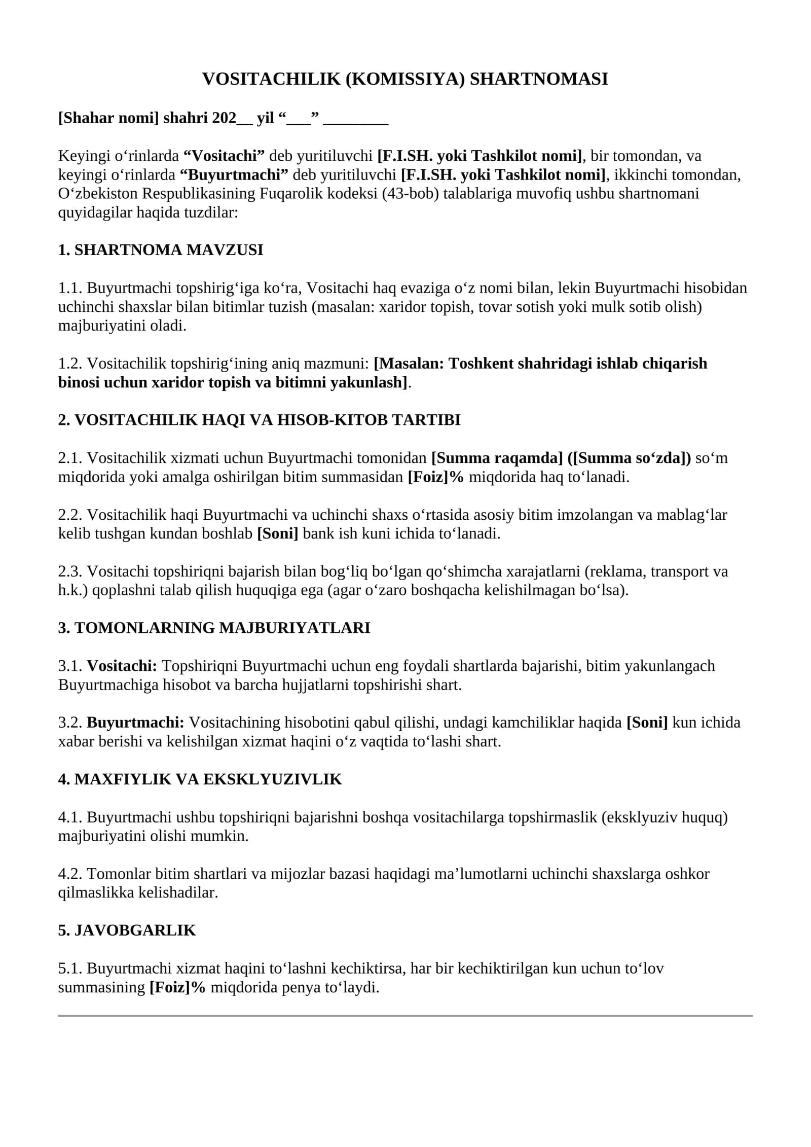 VOSITACHILIK (KOMISSIYA) SHARTNOMASI