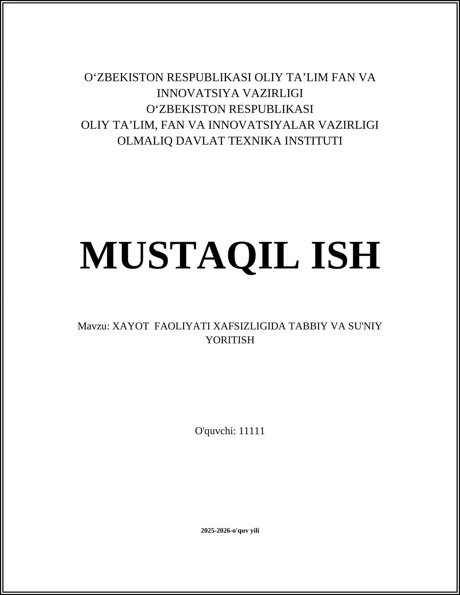 XAYOT FAOLIYATI XAFSIZLIGIDA TABBIY VA SU'NIY YORITISH