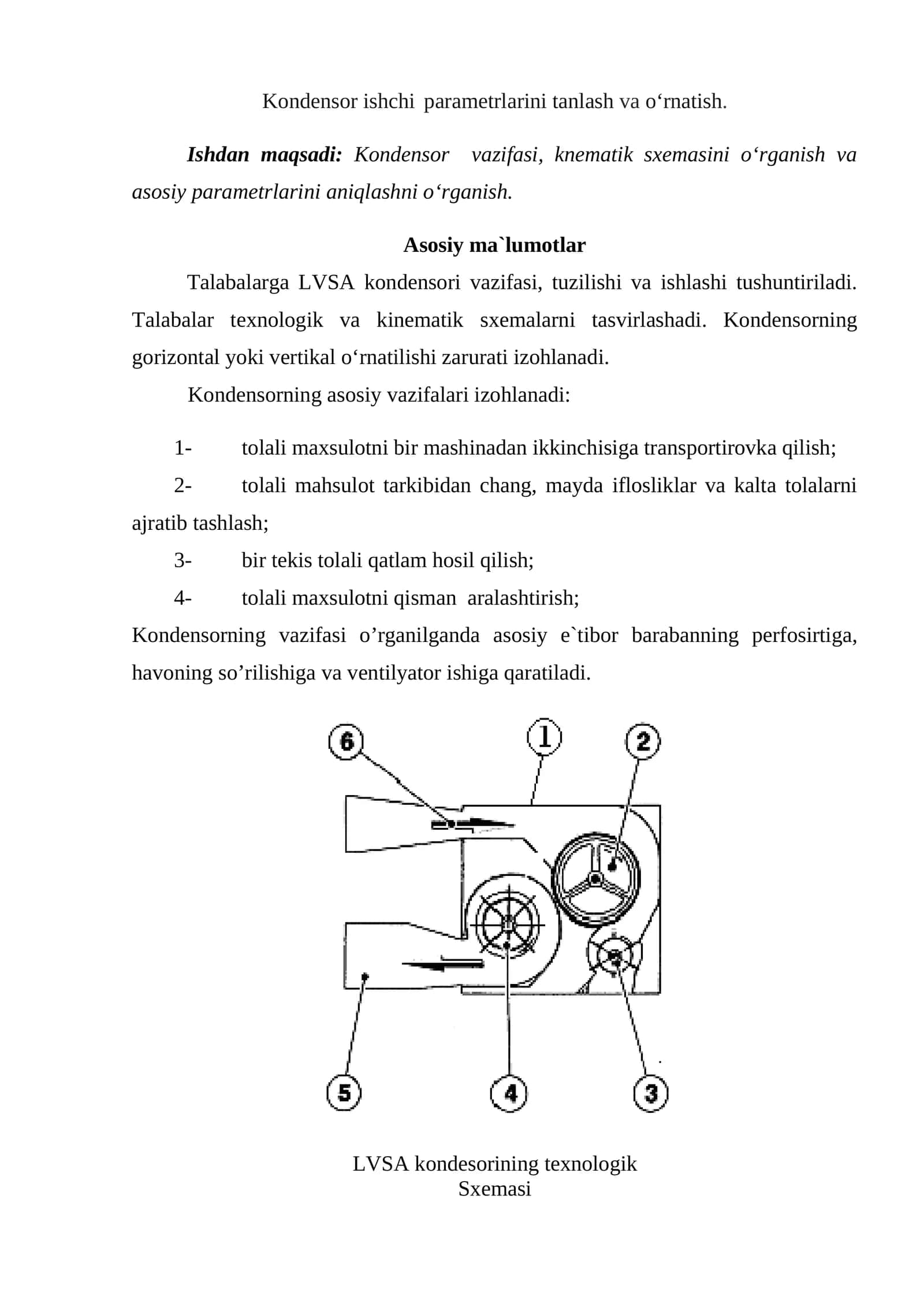 Kondensor ishchi parametrlarini tanlash va o‘rnatish