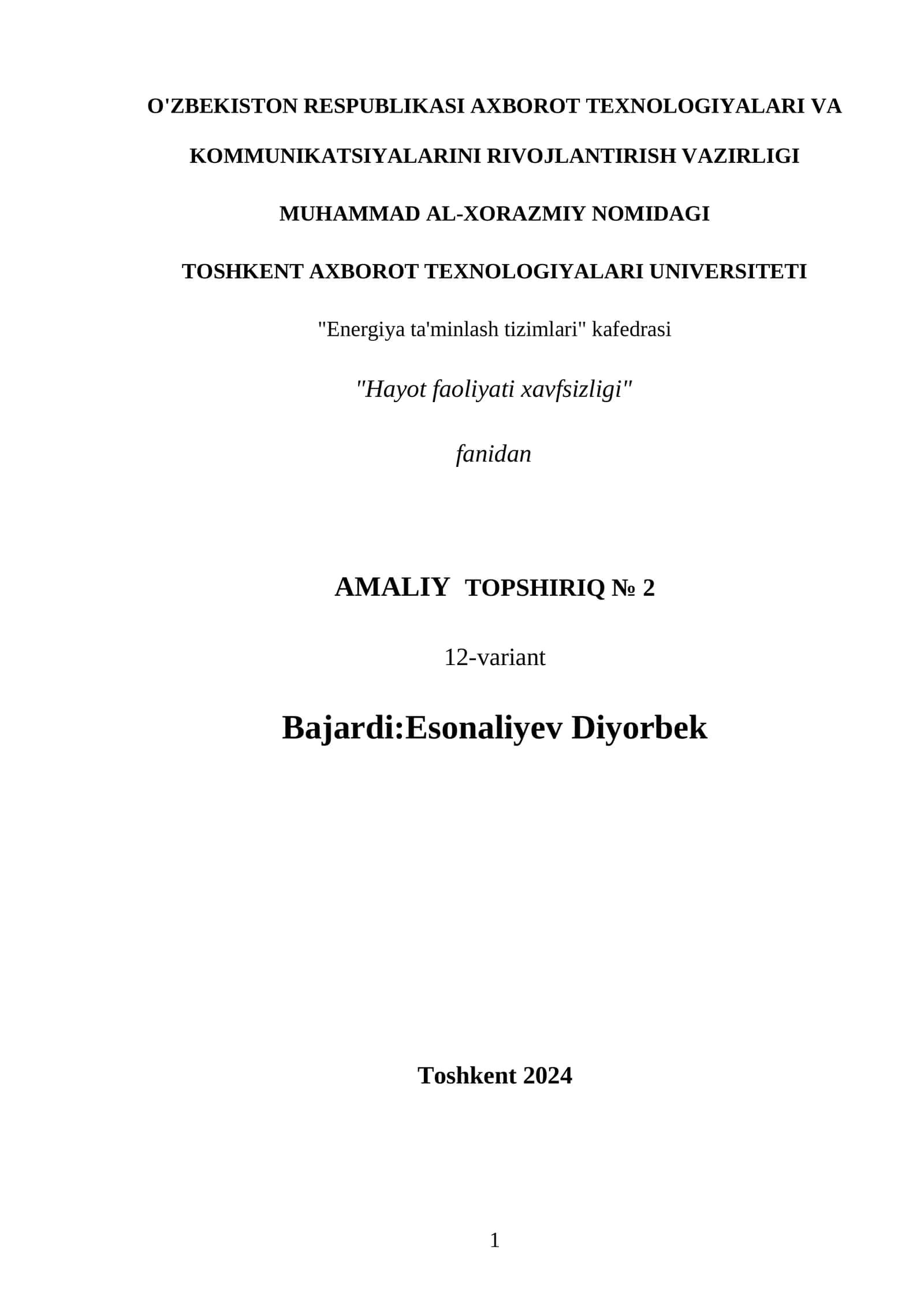 Hayot faoliyati xavfsizligining ergonomik asoslari (Ish ishlab chiqarish ergonomikasi (parametrlarni hisoblash))