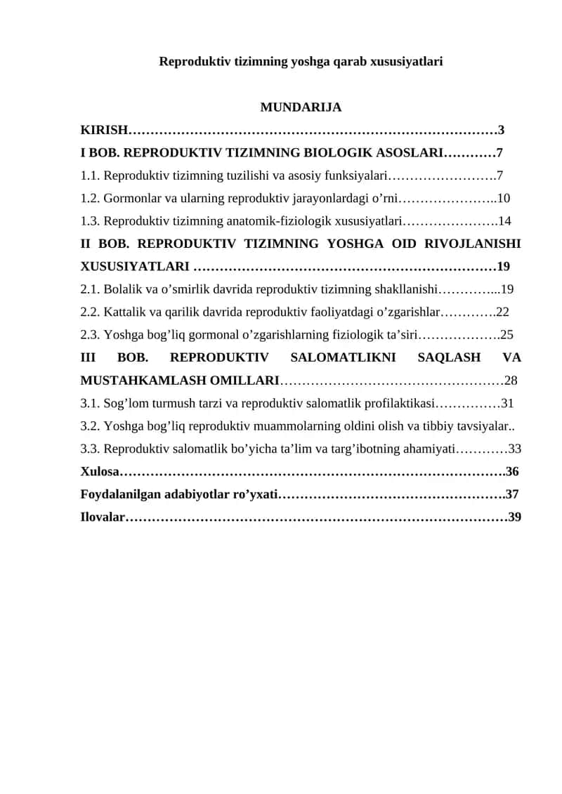Reproduktiv tizimning yoshga qarab xususiyatlari