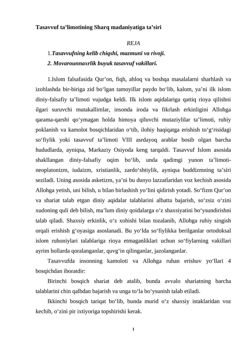 Tasavvuf ta’limotining Sharq madaniyatiga ta’siri