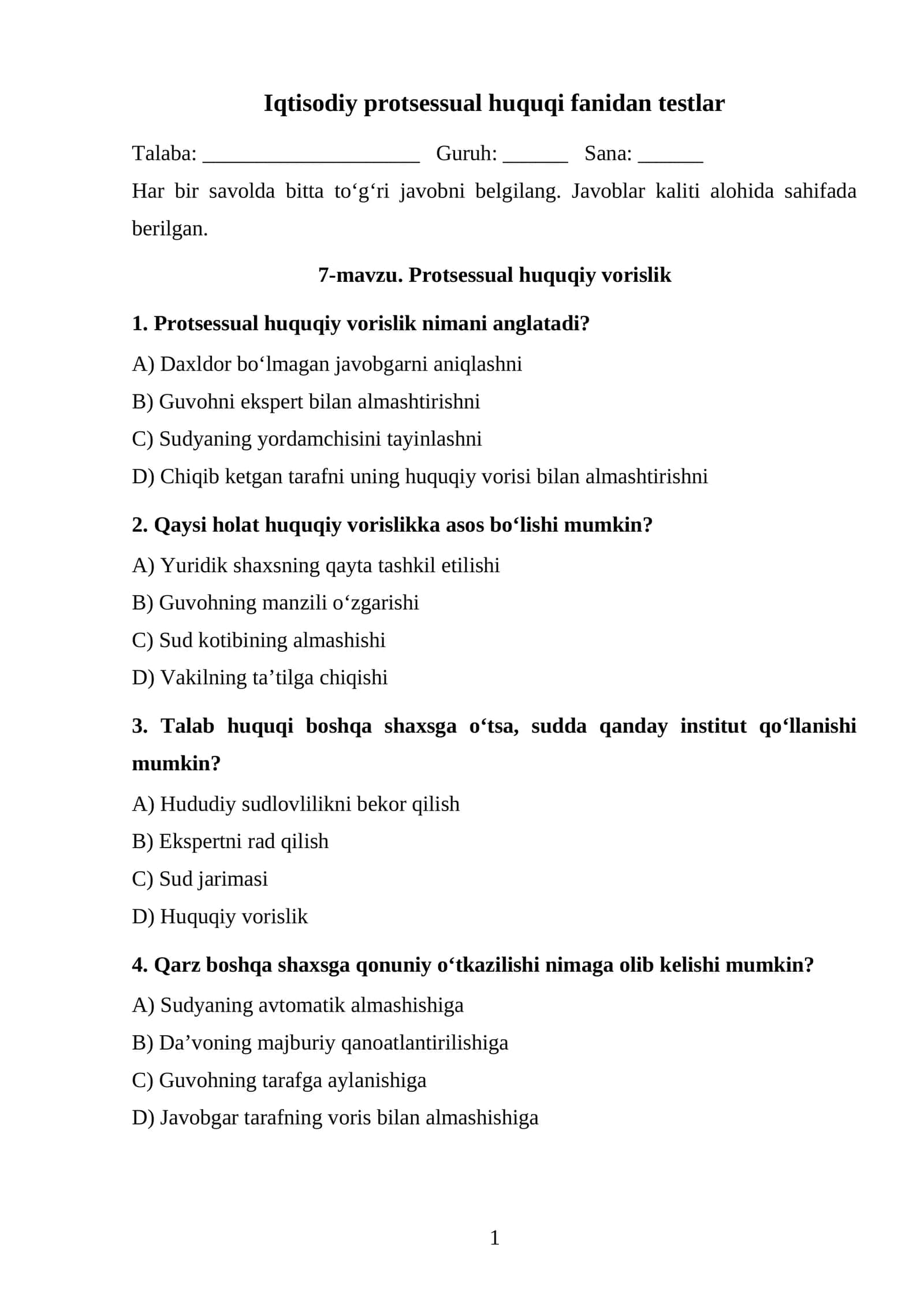 Protsessual huquqiy vorislik TEST.