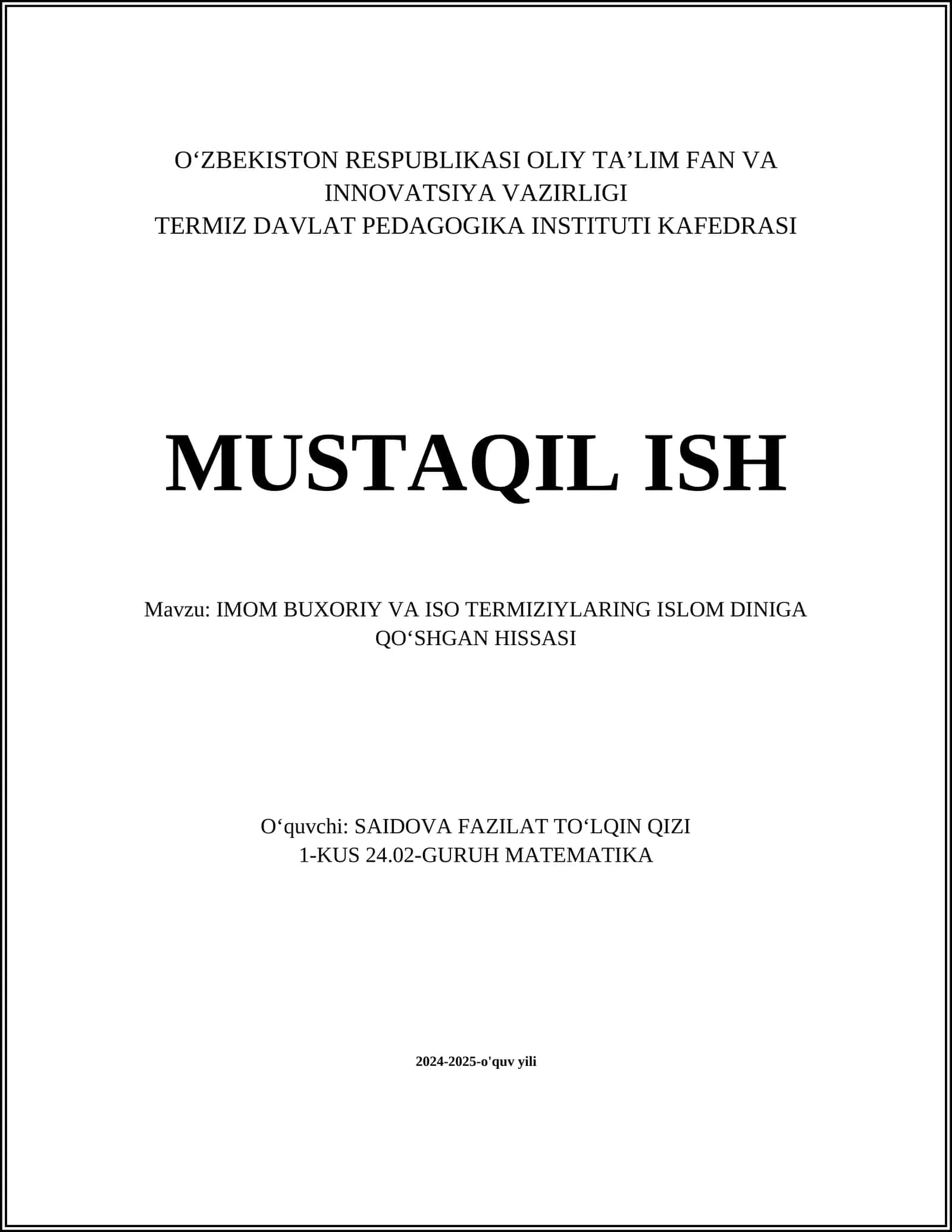 Imom Buxoriy va Iso Termiziy alaging islohiy fermenti