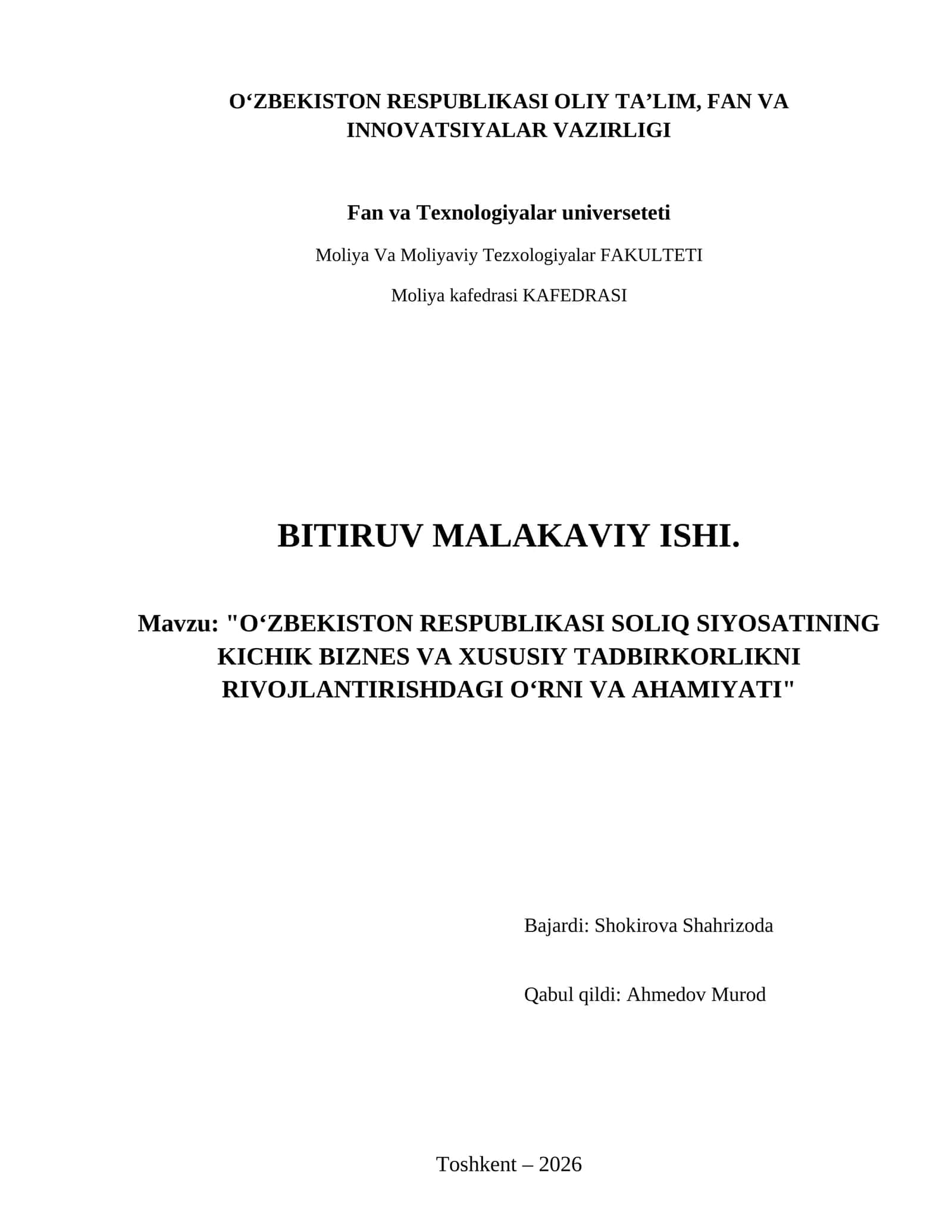 O‘zbekiston Respublikası soliq siyosatining kichik biznes va xususiy tadbirkorlikni rivojlantirishdagi o‘rni va ahamiyati