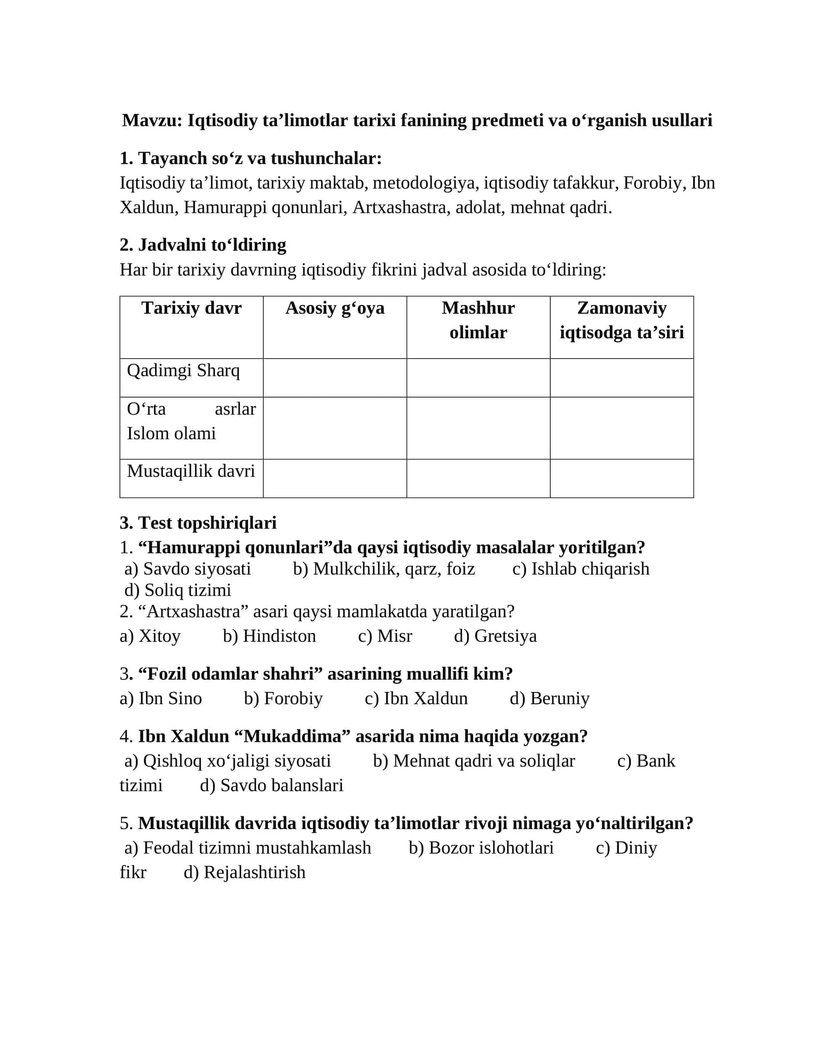 Iqtisodiy ta’limotlar tarixi fanining predmeti va o‘rganish usullari