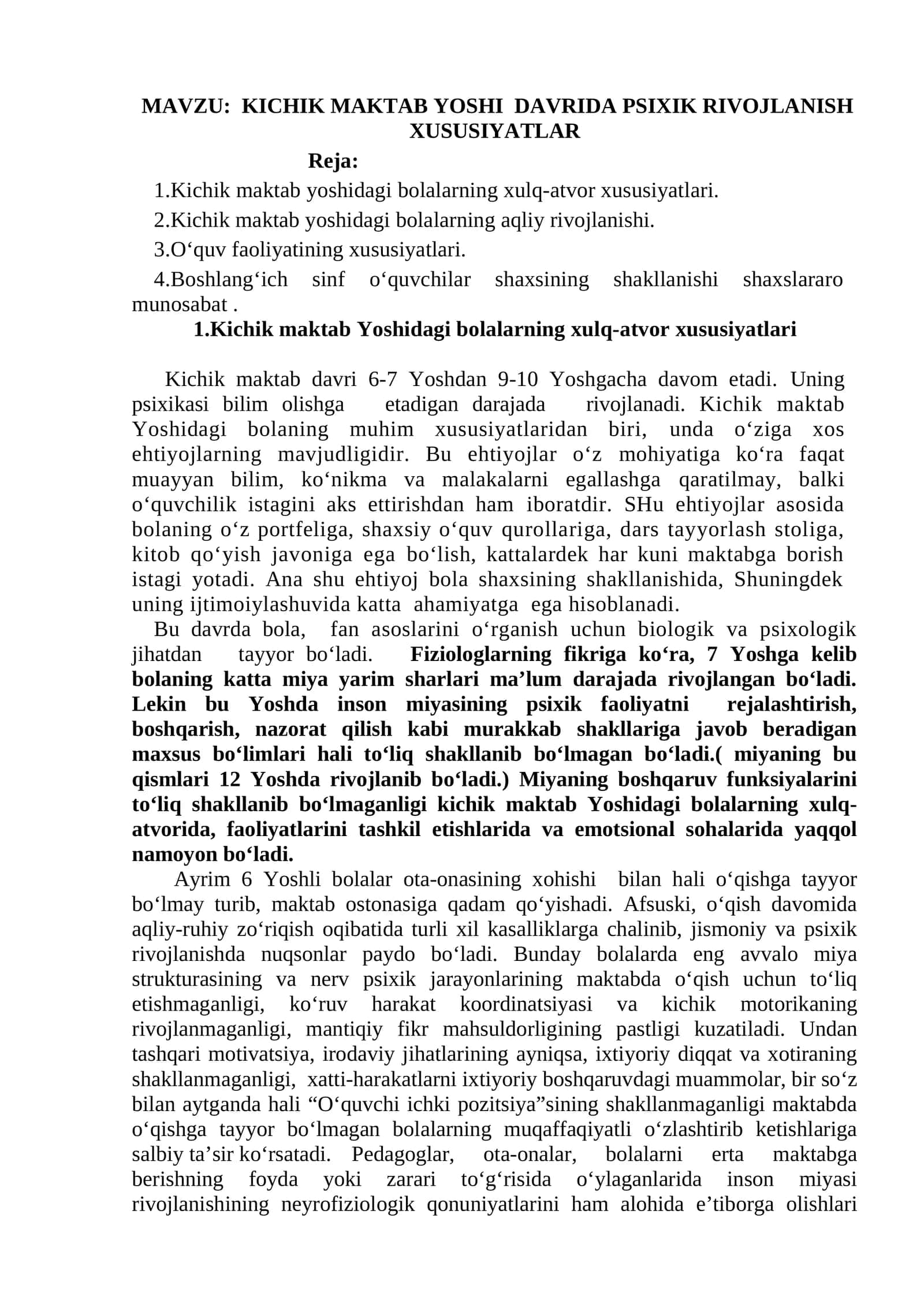 KICHIK MAKTAB YOSHI DAVRIDA PSIXIK RIVOJLANISH XUSUSIYATLAR