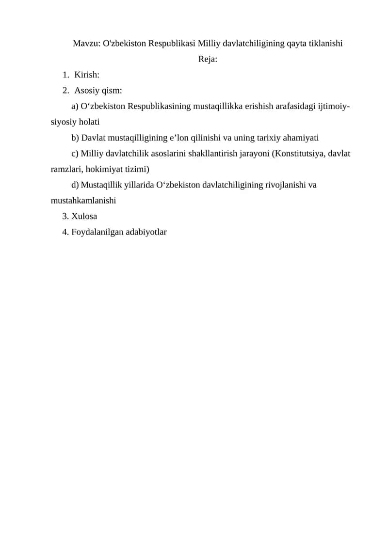 O'zbekiston Respublikasi Milliy davlatchiligining qayta tiklanishi