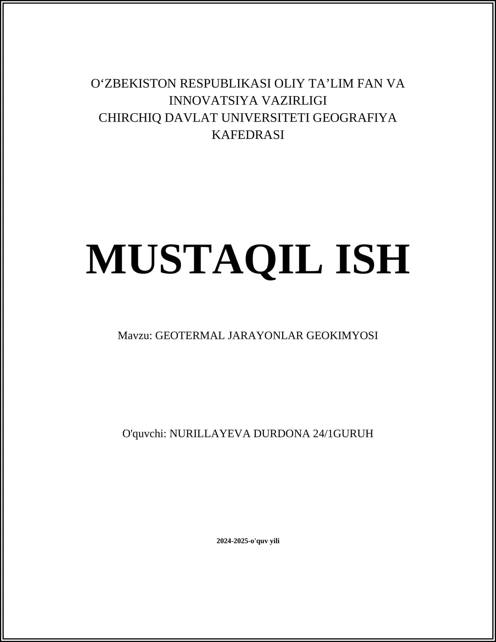 GEOTERMAL JARAYONLAR GEOKIMYOSI