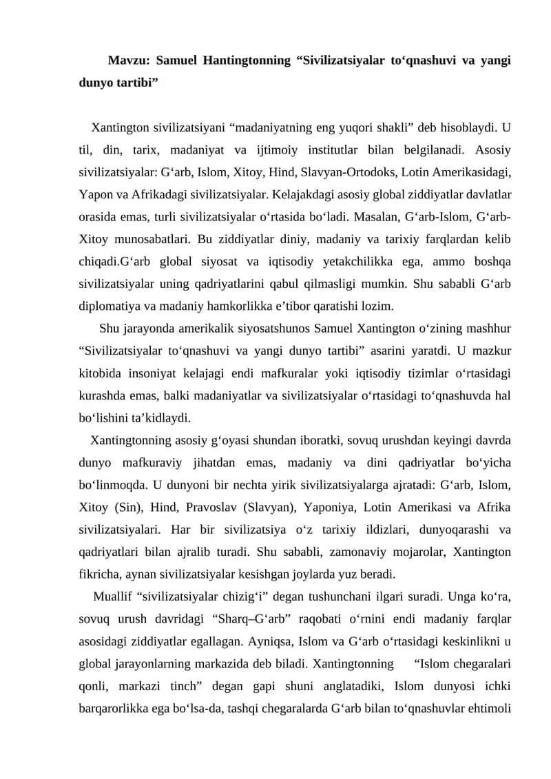 Samuel Hantingtonning “Sivilizatsiyalar to‘qnashuvi va yangi dunyo tartibi”