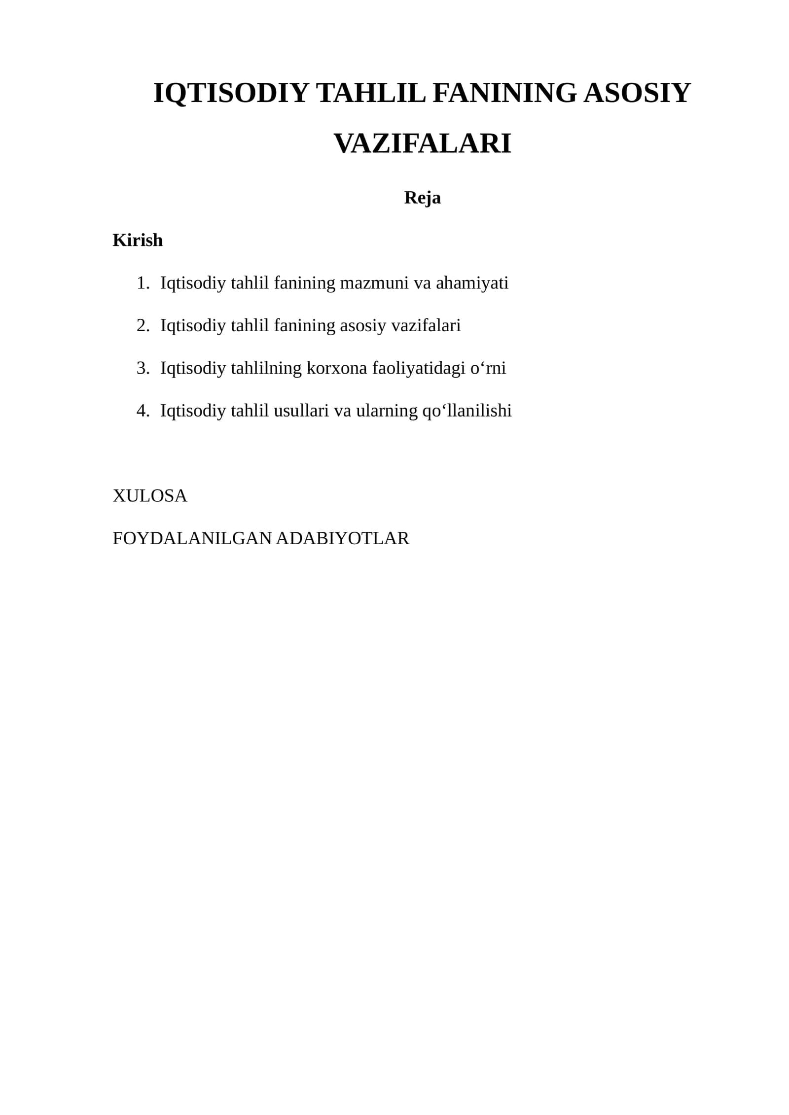 IQTISODIY TAHLIL FANINING ASOSIY VAZIFALARI