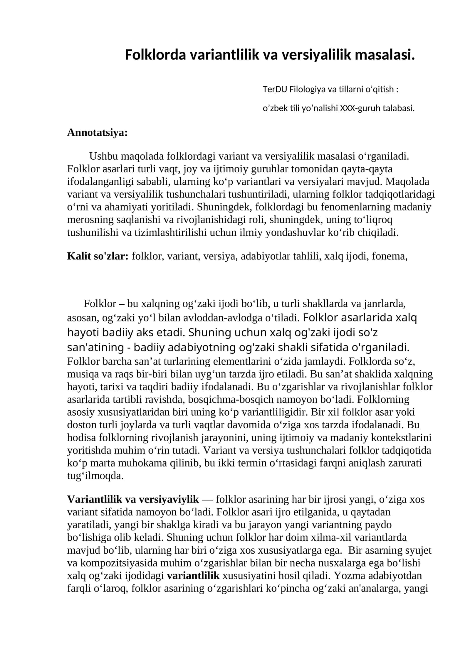 Folklorda variantlilik va versiyalilik masalasi