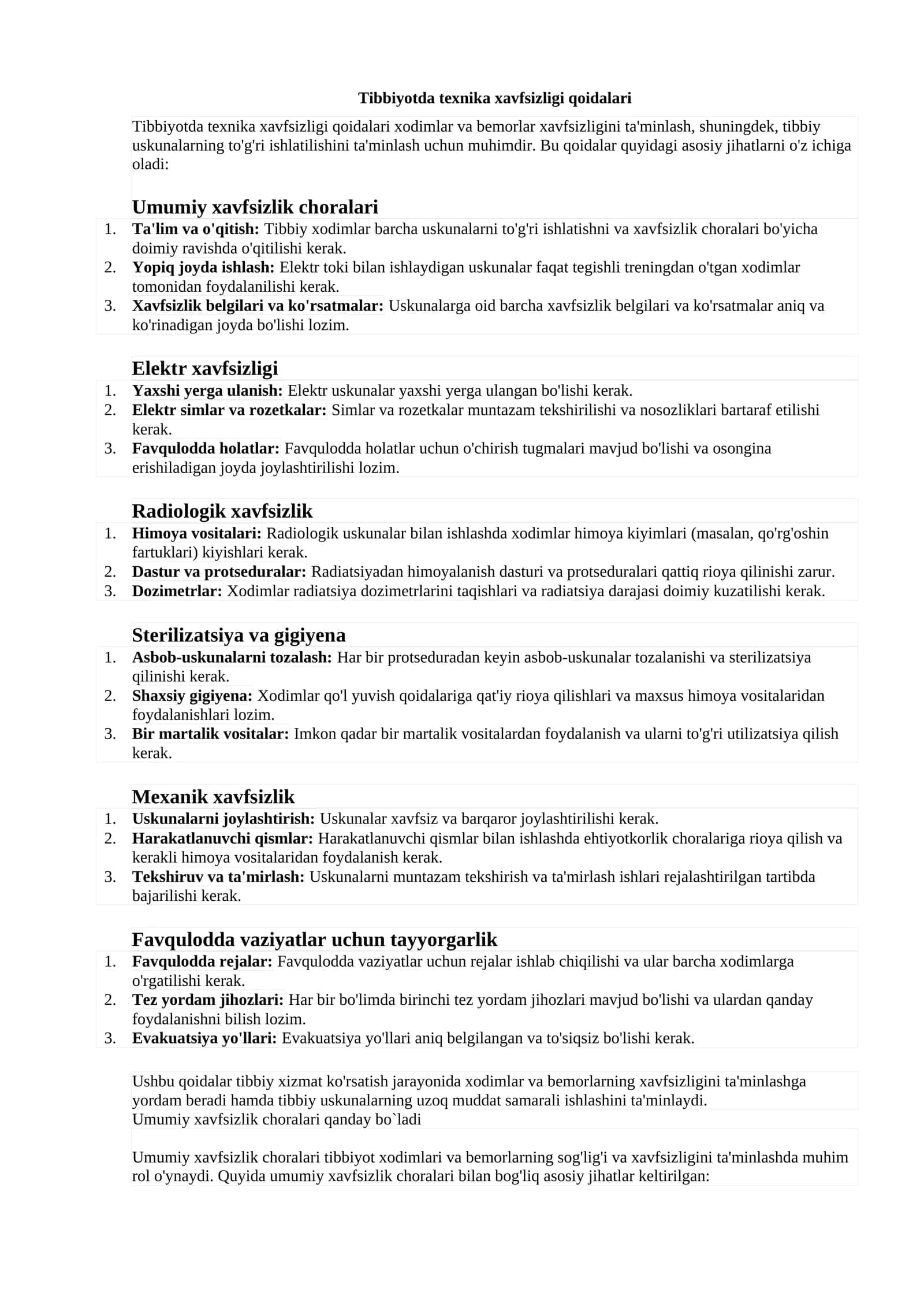 Tibbiyotda texnika xavfsizligi qoidalari