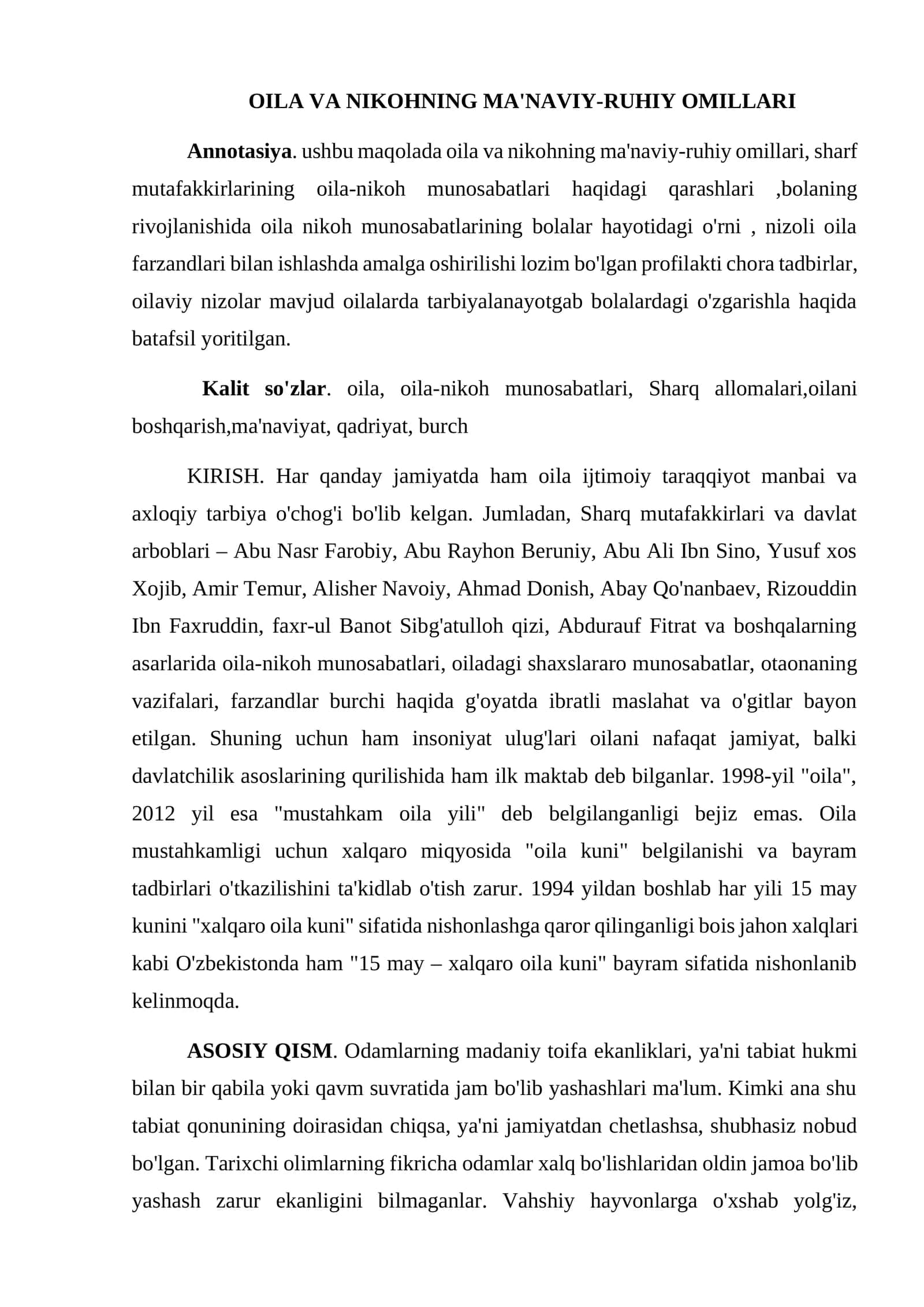 OILA VA NIKOHNING MA'NAVIY-RUHIY OMILLARI
