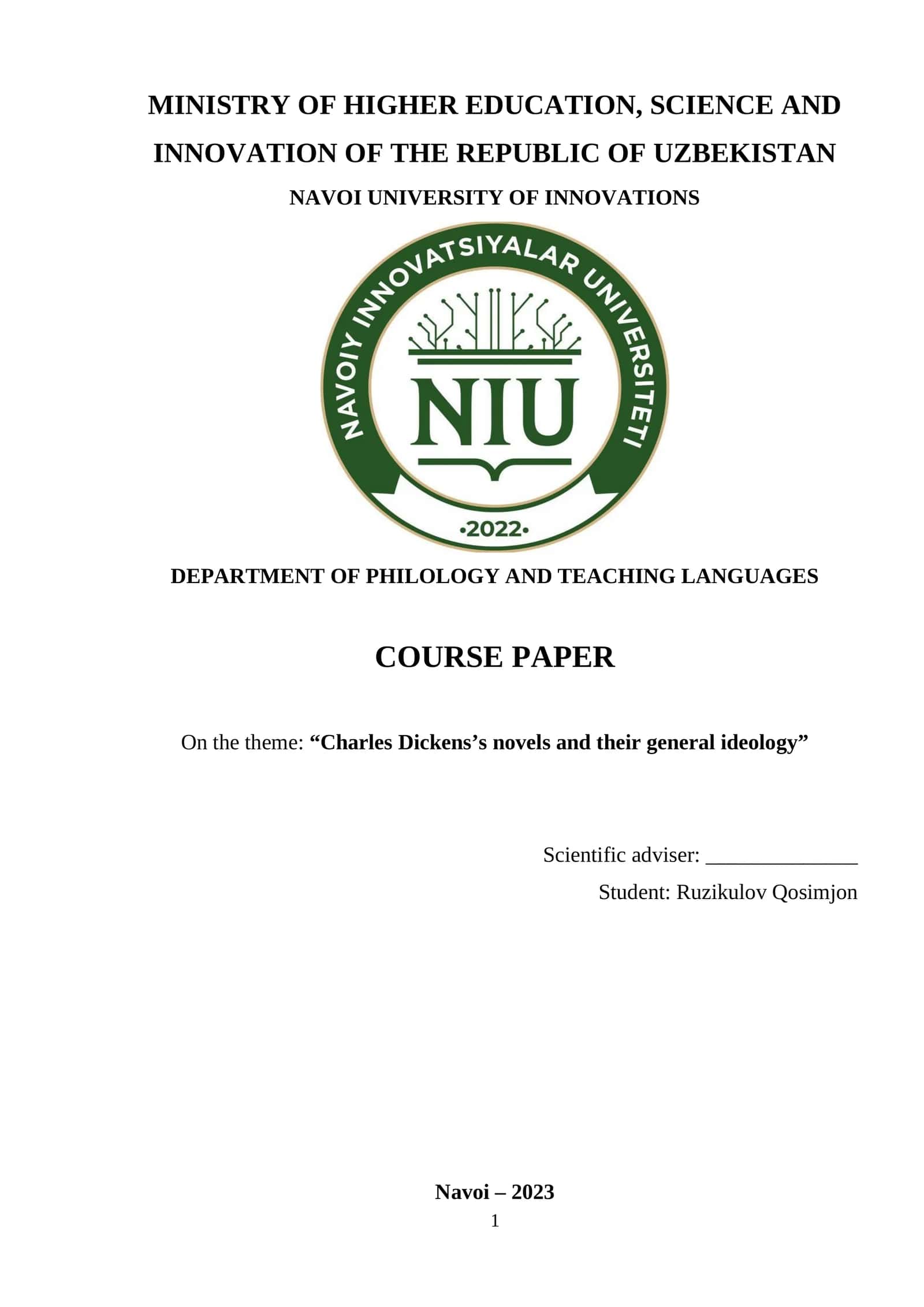 Course Paper on "Charles Dickens's novels and their general ideology"