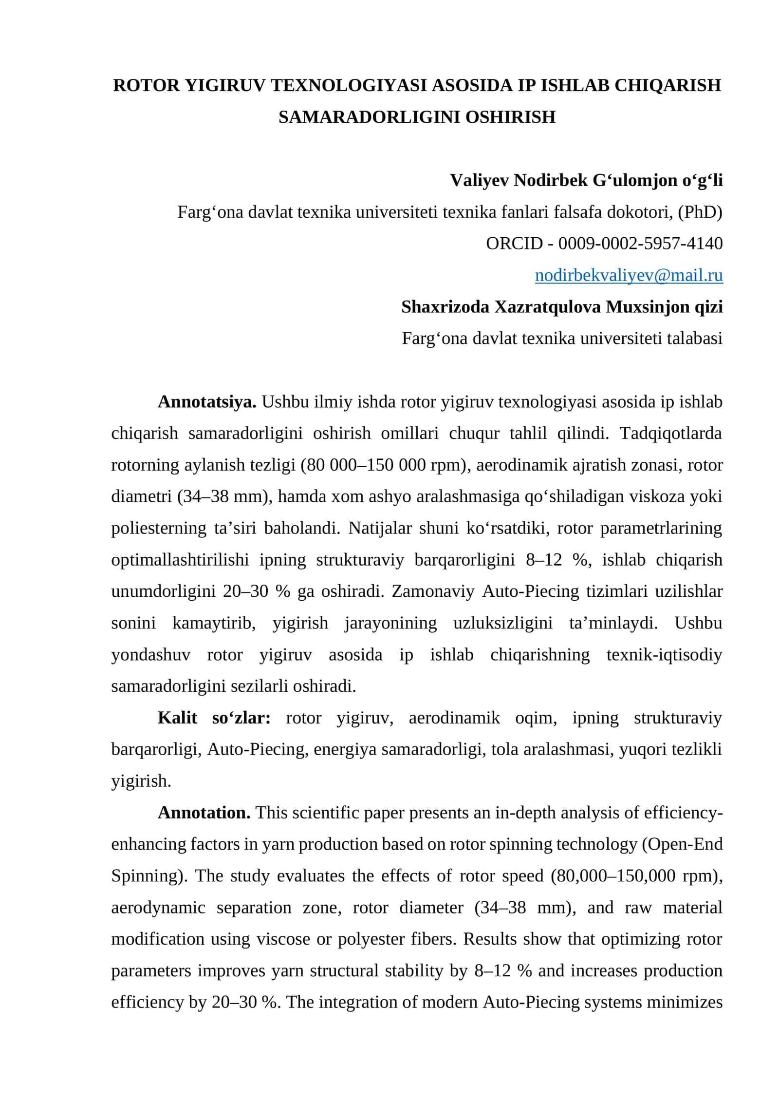 ROTOR YIGIRUV TEXNOLOGIYASI ASOSIDA IP ISHLAB CHIQARISH SAMARADORLIGINI OSHIRISH
