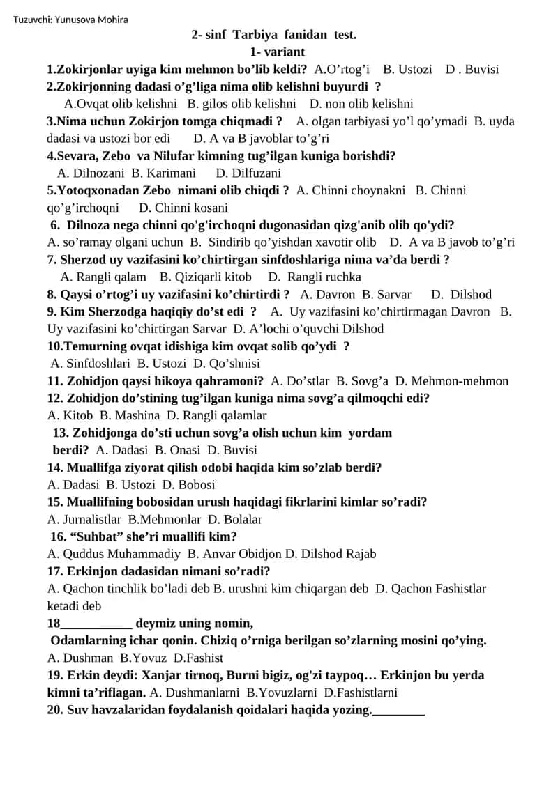 2- sinf Tarbiya fanidan test