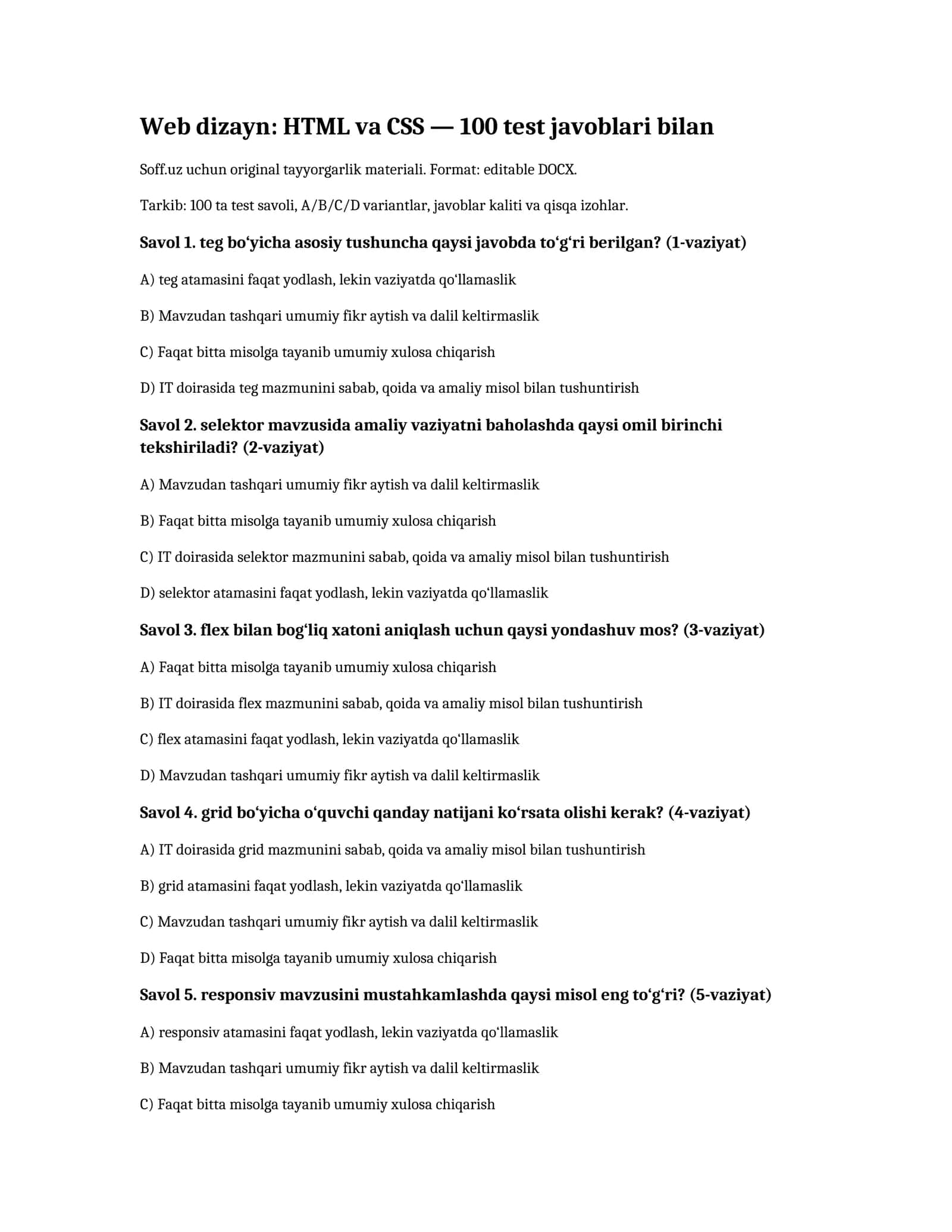 Web dizayn: HTML va CSS — 100 test javoblari bilan
