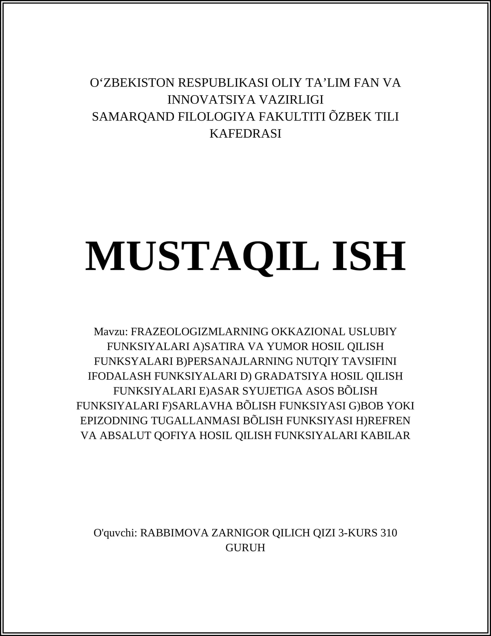 FRAZEOLOGIZMLARNING OKKAZIONAL USLUBIY FUNKSIYALARI