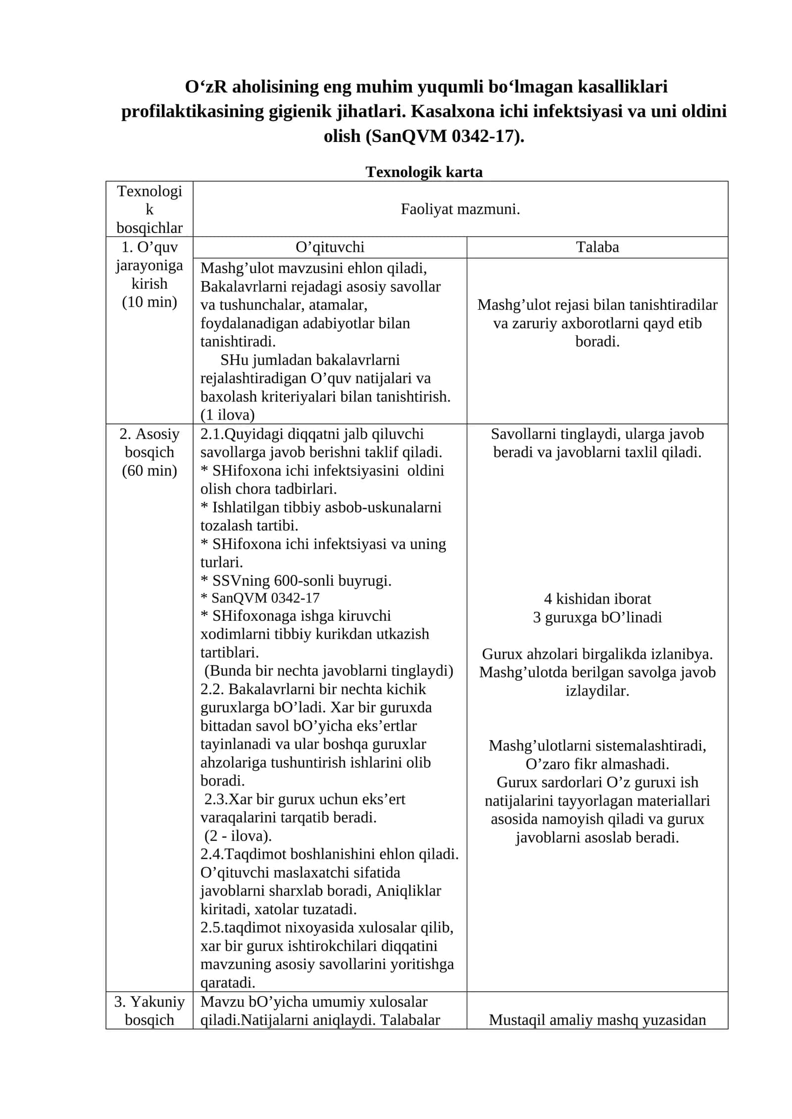 O‘zR aholisining eng muhim yuqumli bo‘lmagan kasalliklari profilaktikasining gigienik jihatlari. Kasalxona ichi infektsiyasi va uni oldini olish (SanQVM 0342-17)