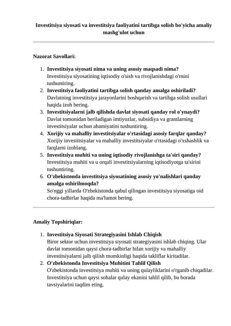 Investitsiya siyosati va investitsiya faoliyatini tartibga solish bo'yicha amaliy mashg'ulot
