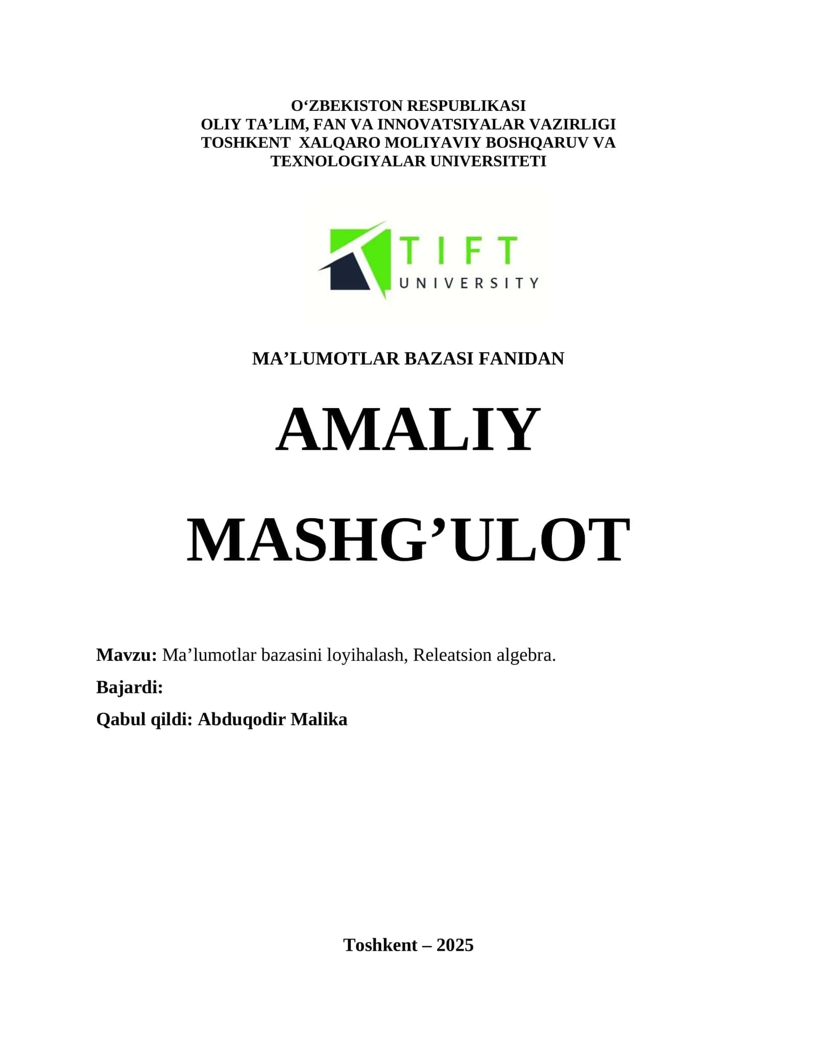 Ma’lumotlar bazasini loyihalash, Releatsion algebra