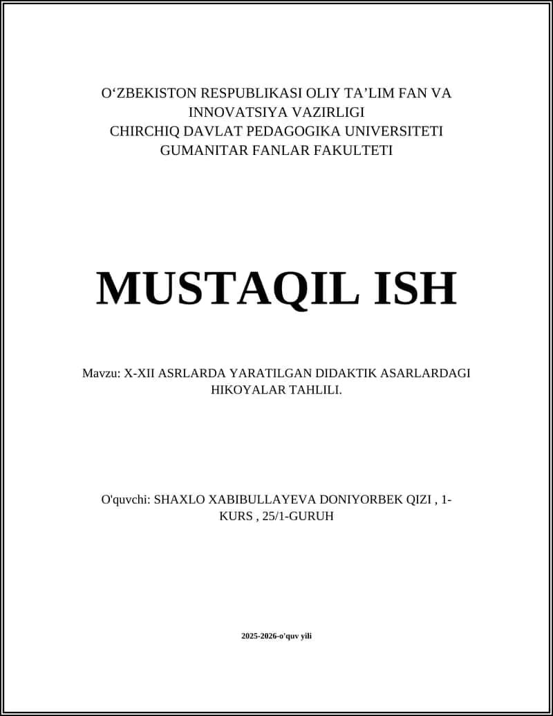 X-XII ASRLARDA YARATILGAN DIDAKTIK ASARLARDAGI HIKOYALAR TAHLILI