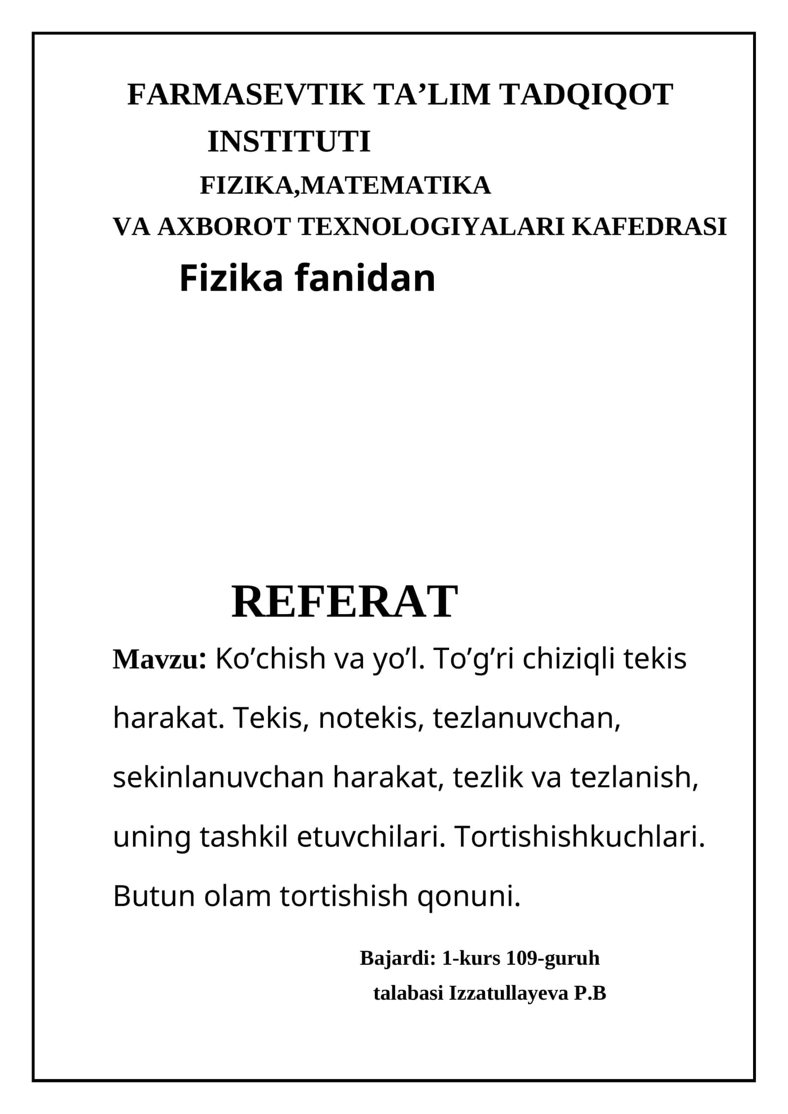Fizika fanidan REFERAT