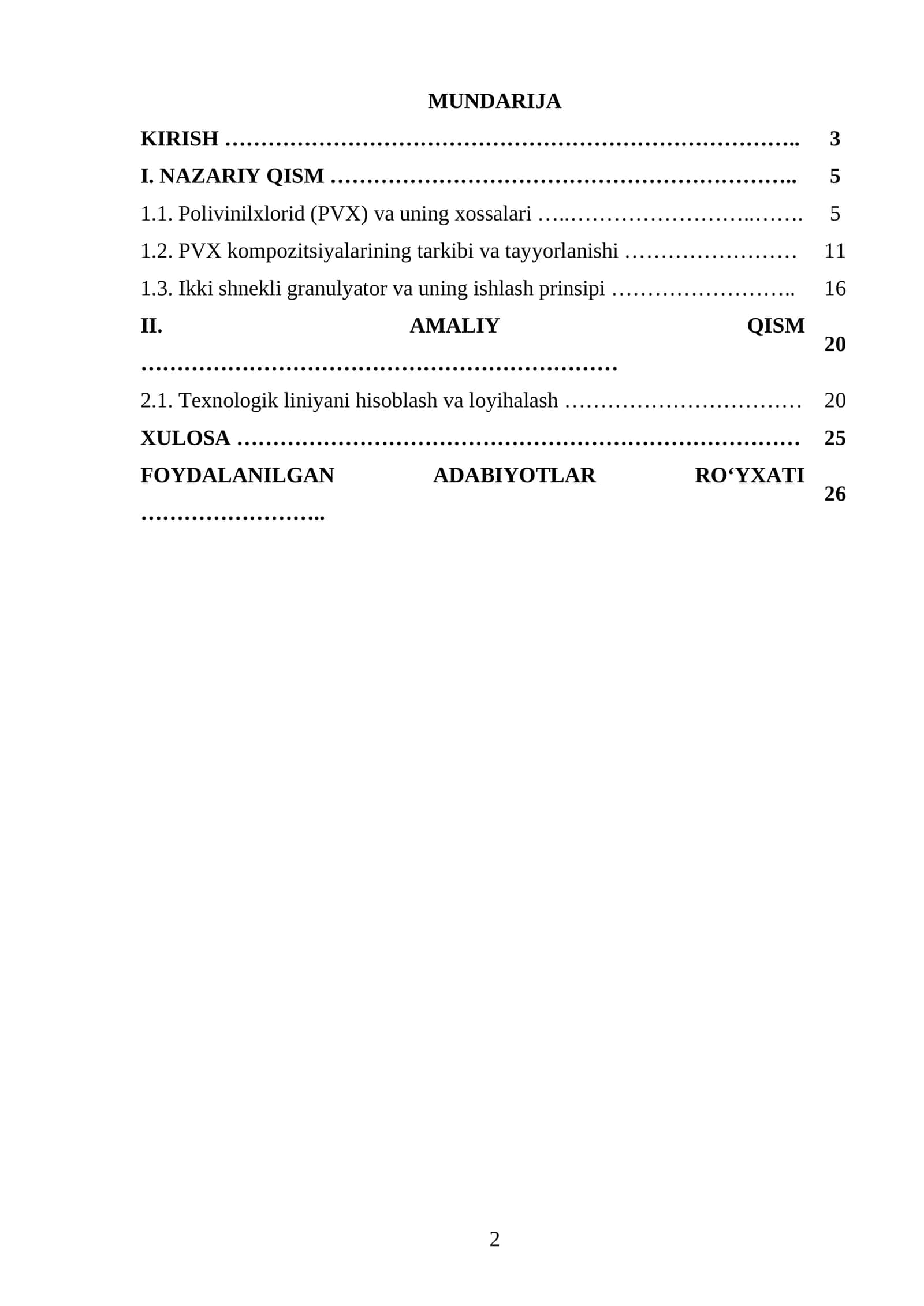PVX kompozitsiyadan ish unumdorligi 950 kg/soat boʻlgan granula ishlab chiqaradigan ikki shnekli granulyator liniyasini loyihalash