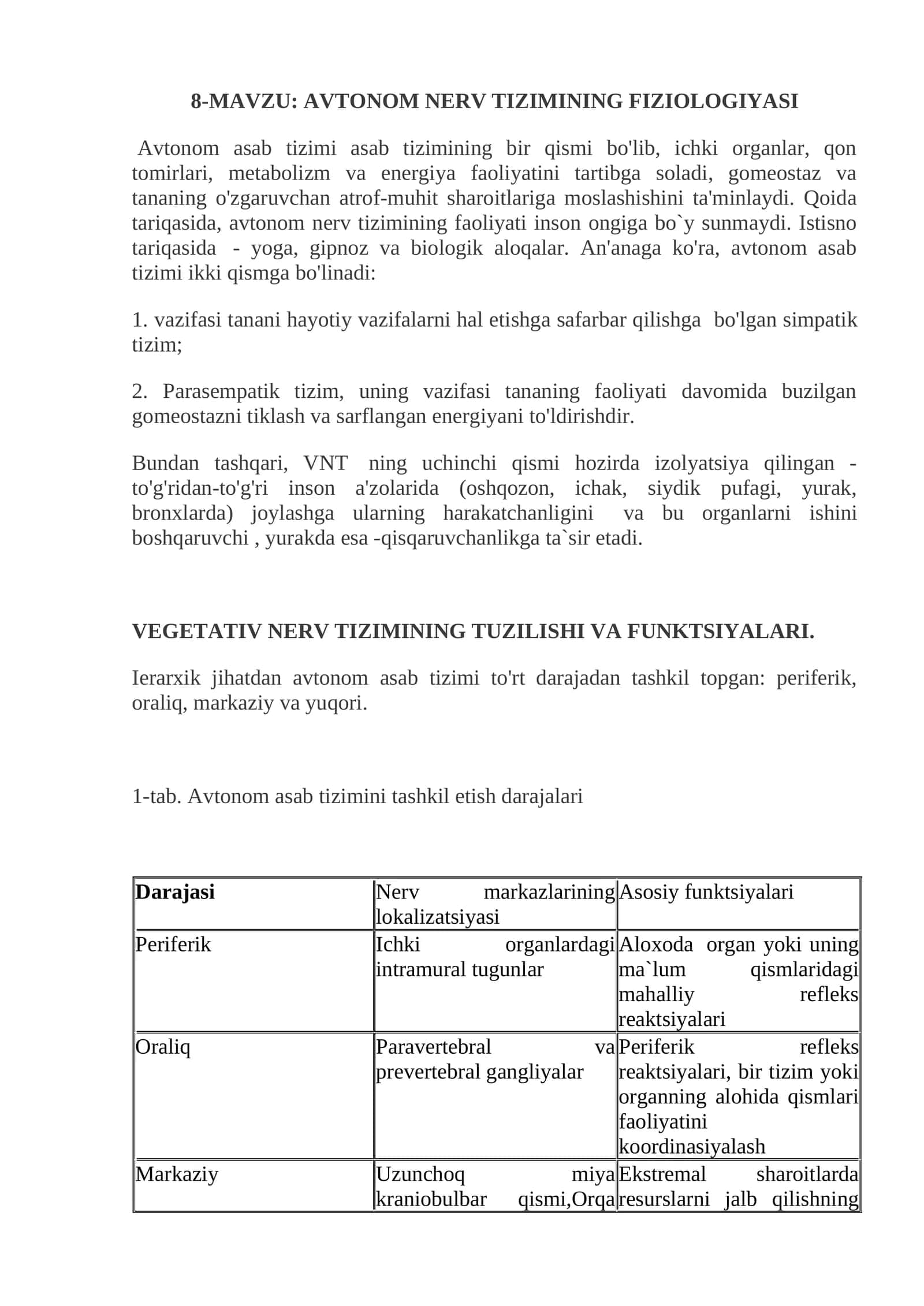 AVTONOM NERV TIZIMINING FIZIOLOGIYASI