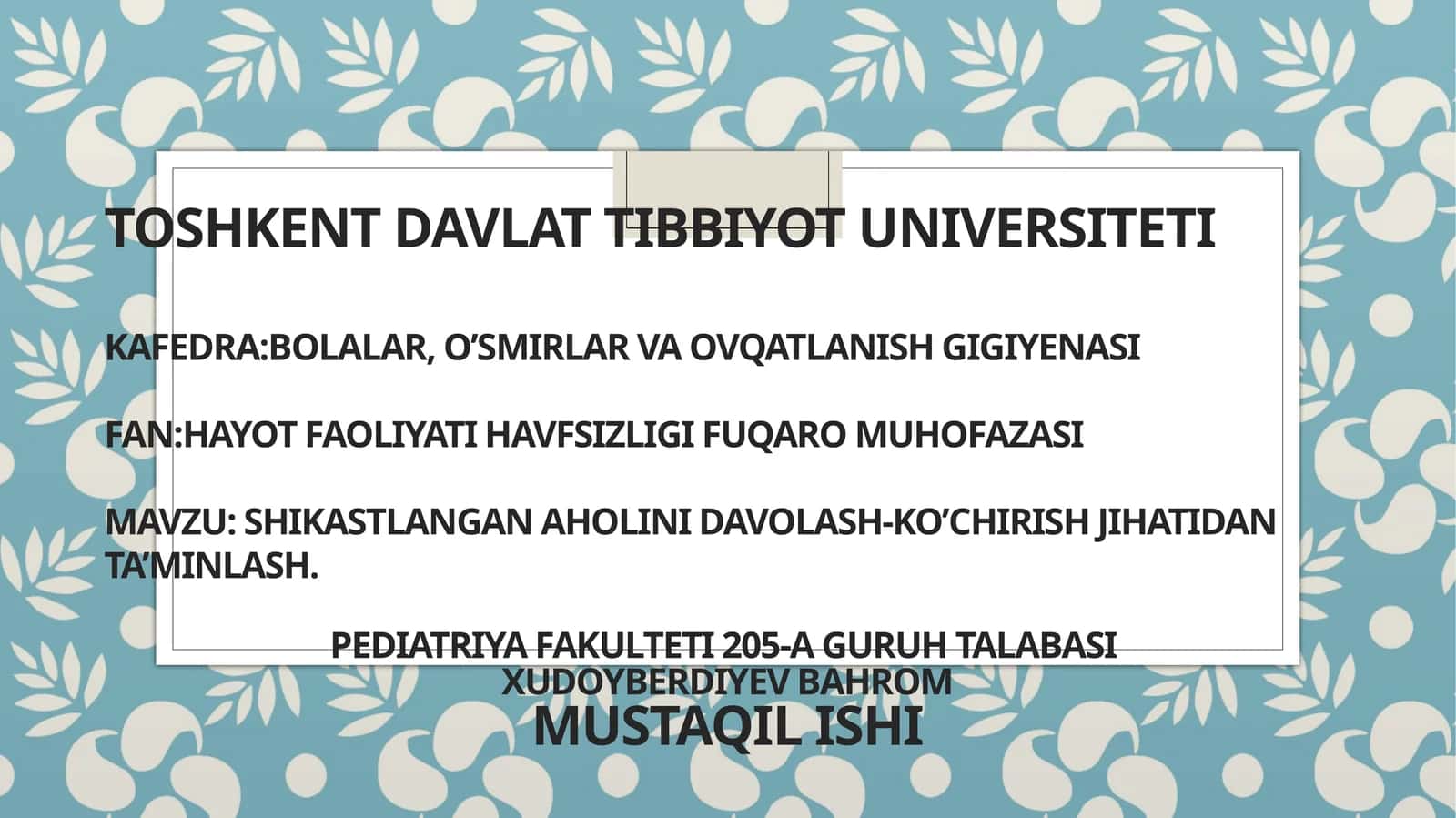 Shikastlangan aholini davolash-ko’chirish jihatidan ta’minlash